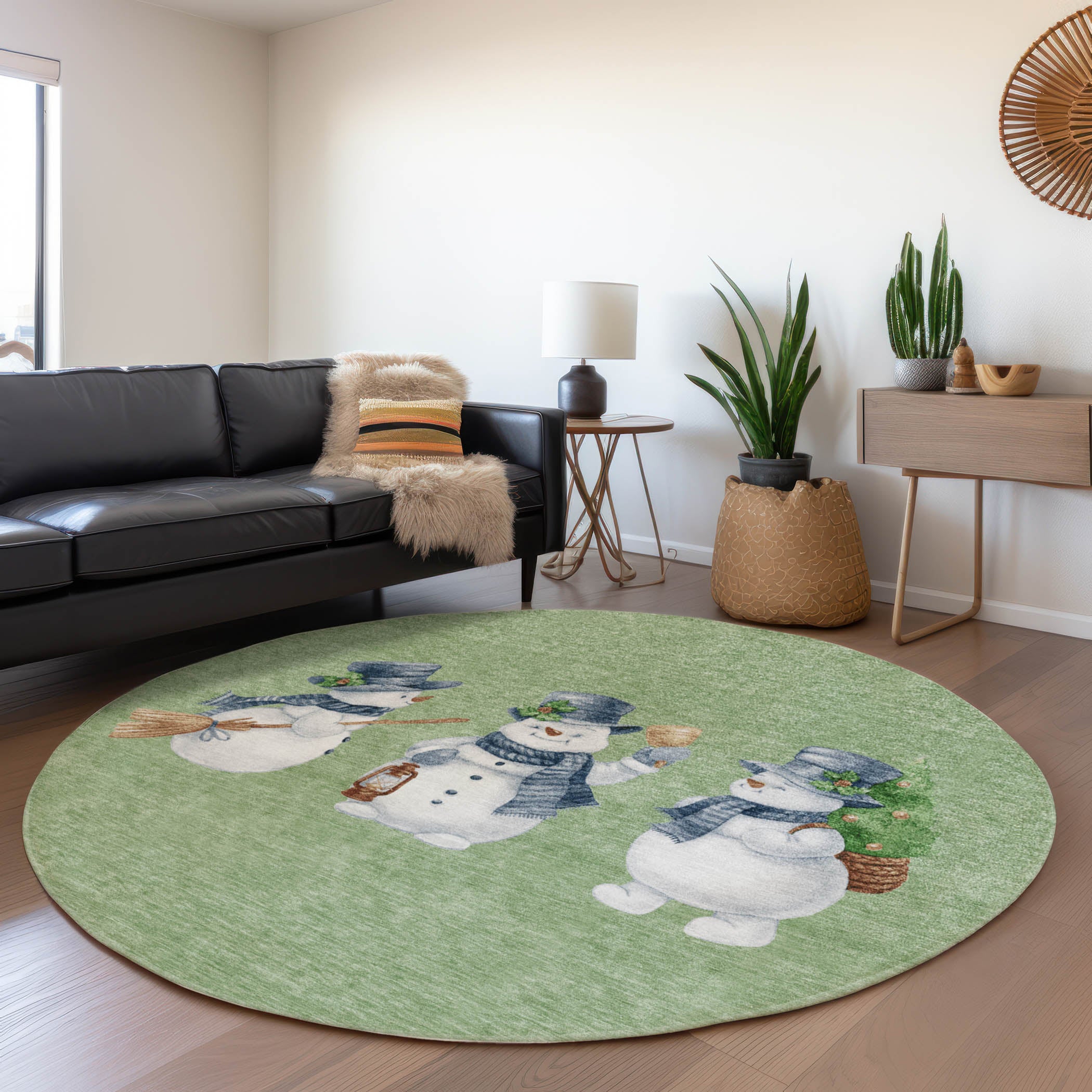 Luxury Machine Washable Indoor/Outdoor Holiday WN34 Aloe Green Rug 8' x 8' #shape_Round