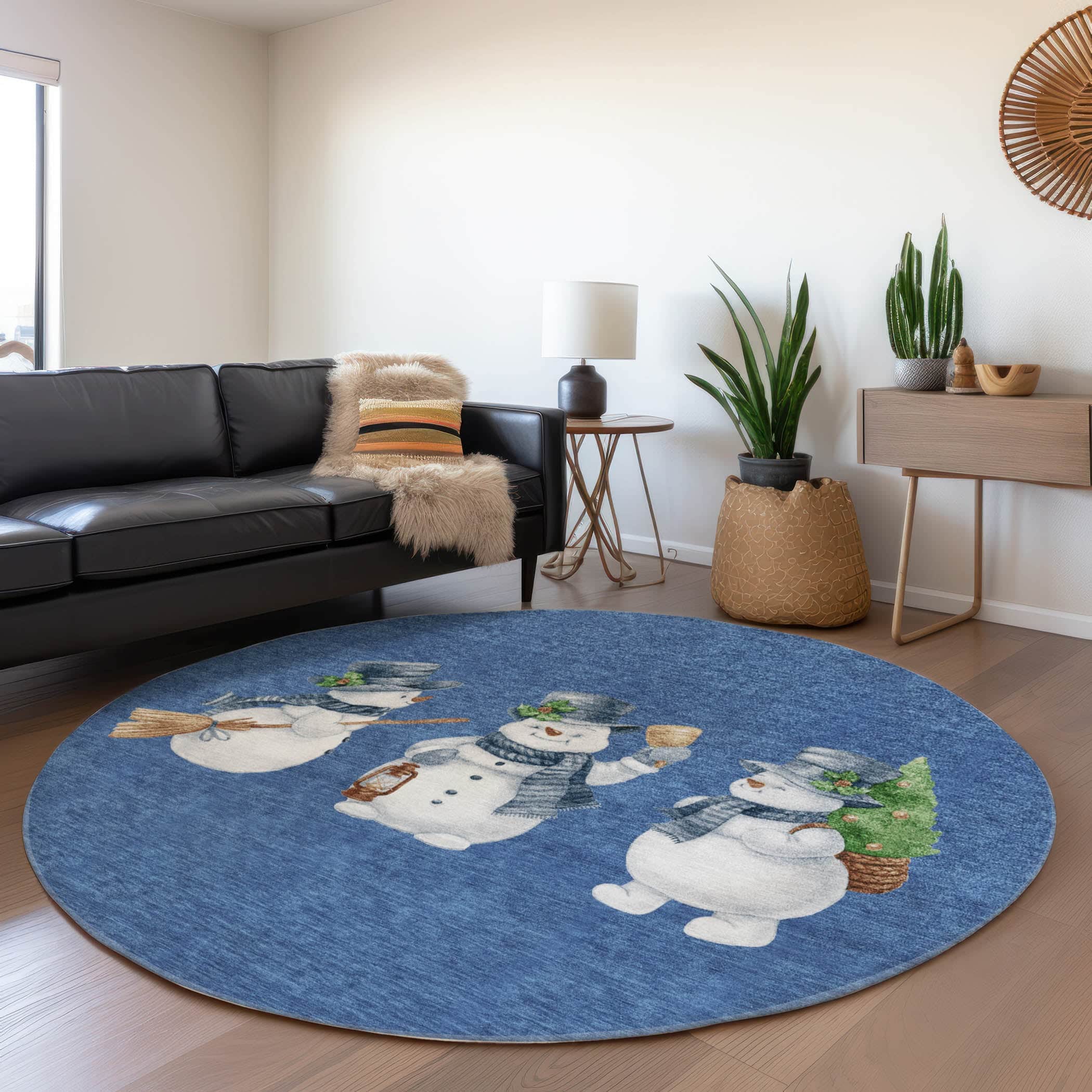 Luxury Machine Washable Indoor/Outdoor Holiday WN34 Navy Blue Rug 8' x 8' #shape_Round