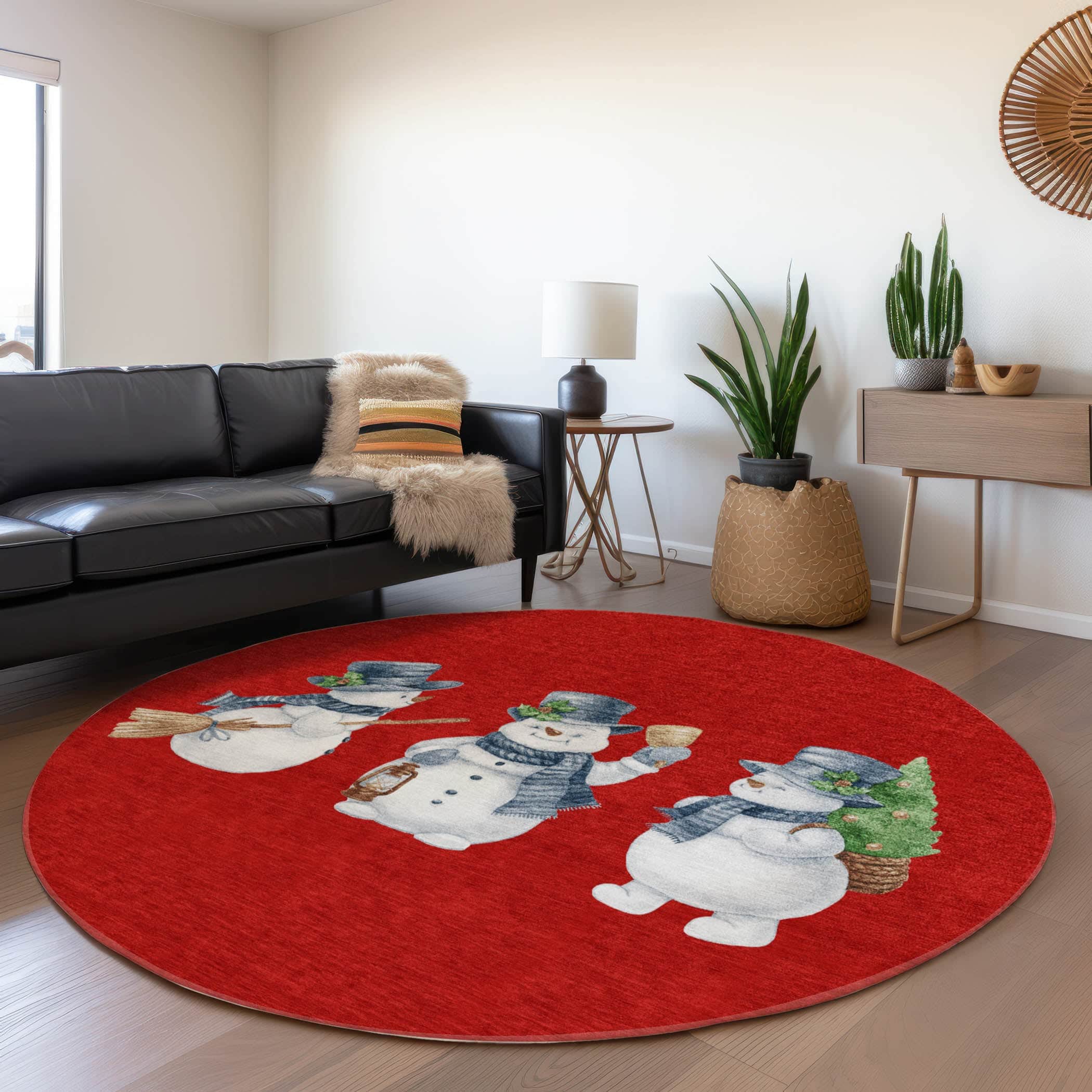 Luxury Machine Washable Indoor/Outdoor Holiday WN34 Red Rug 8' x 8' #shape_Round