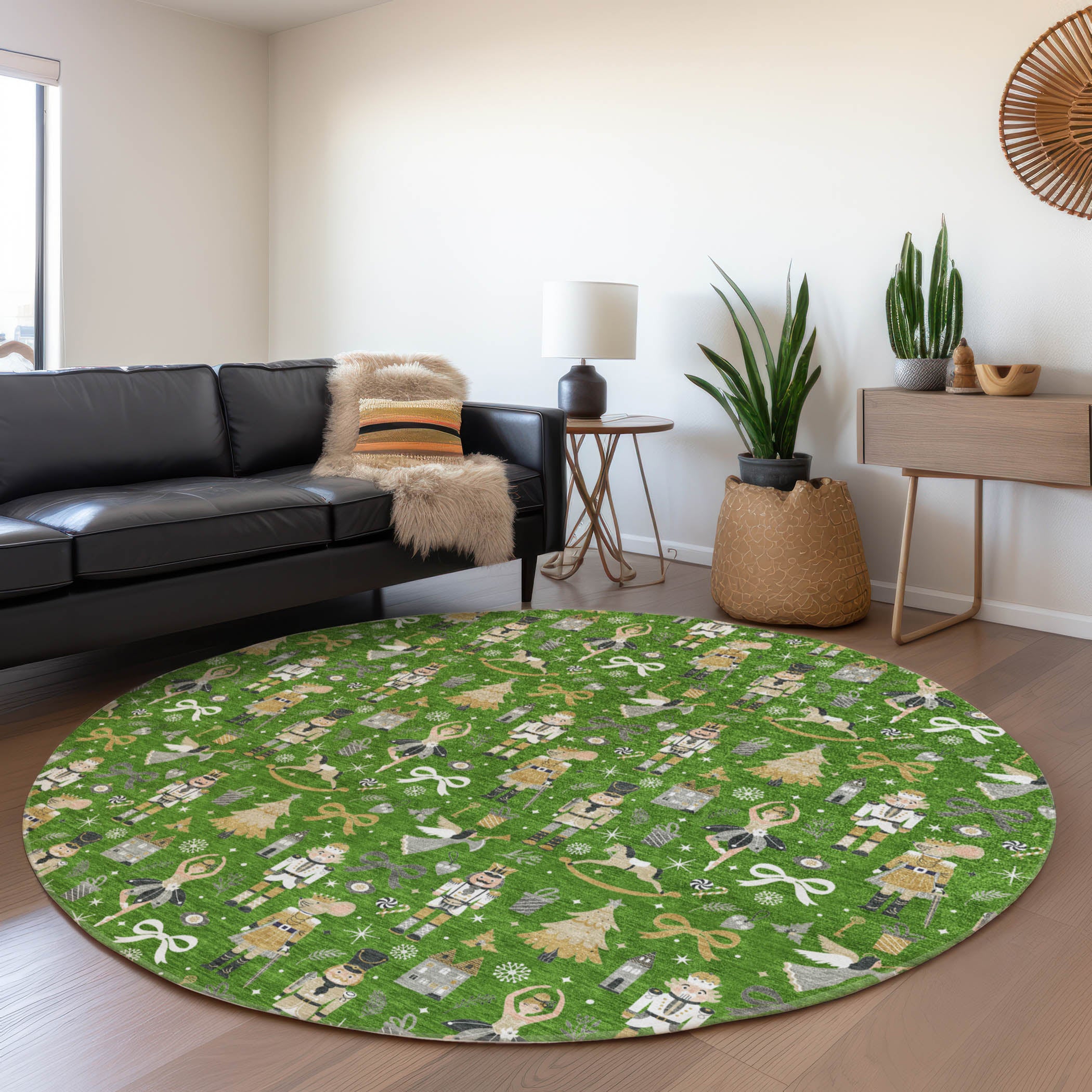 Luxury Machine Washable Indoor/Outdoor Holiday WN35 Green Rug 8' x 8' #shape_Round