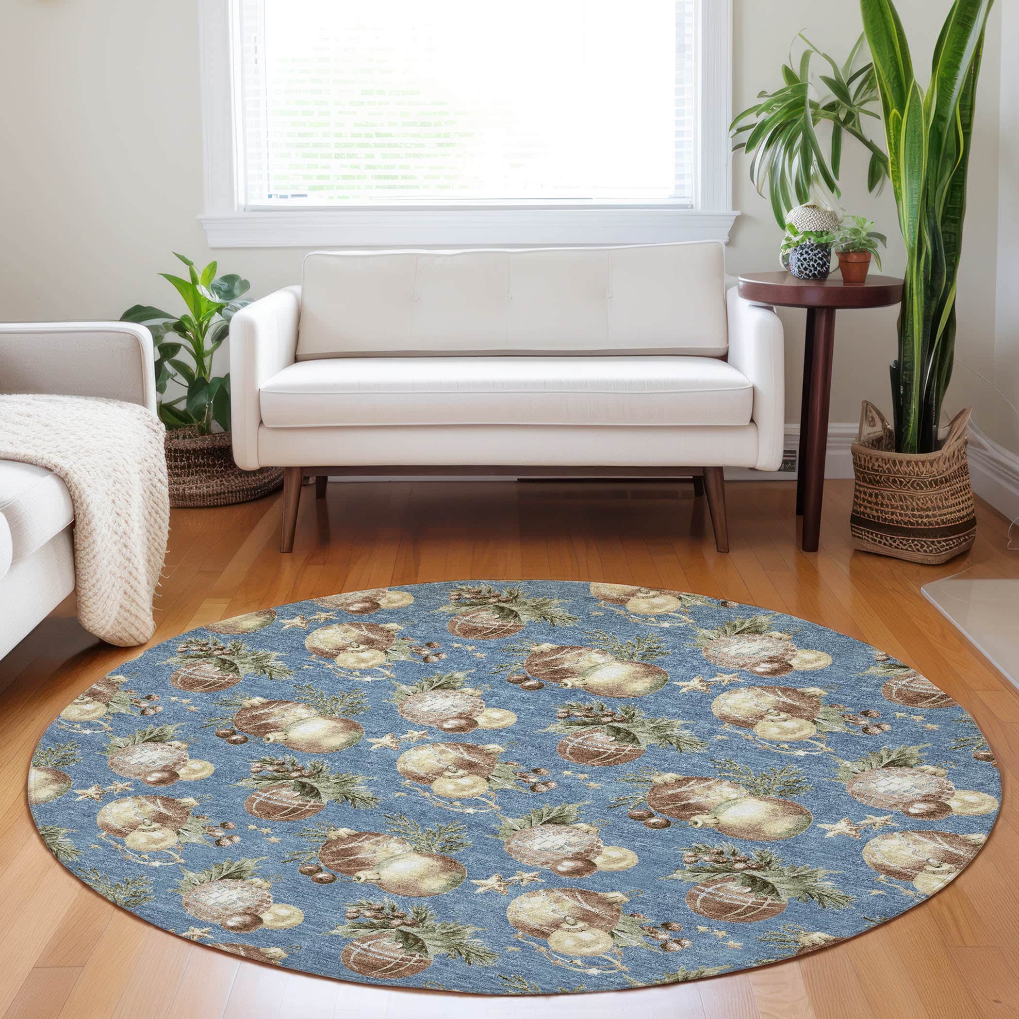 Luxury Machine Washable Indoor/Outdoor Holiday WN36 Denim Blue Rug 8' x 8' #shape_Round