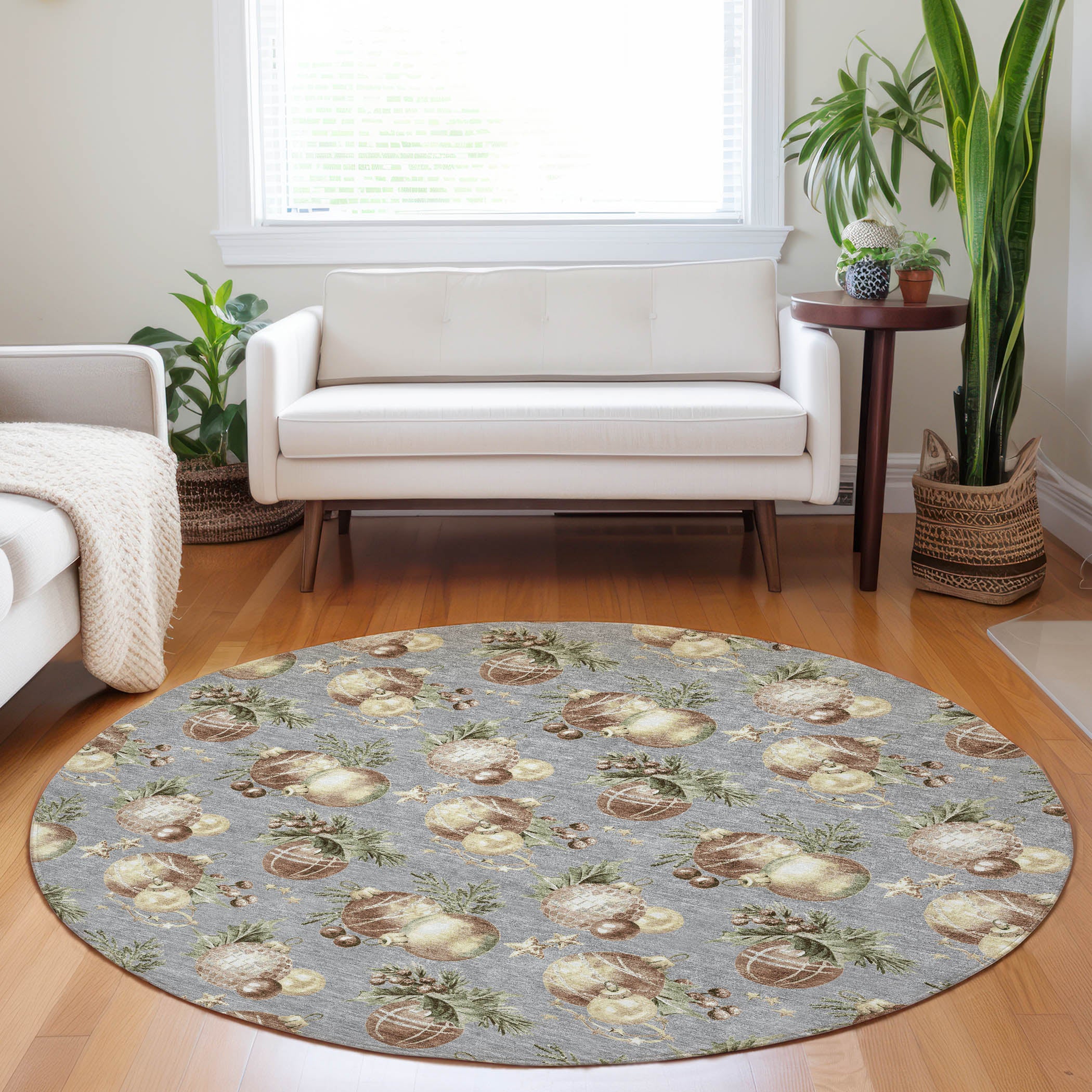 Luxury Machine Washable Indoor/Outdoor Holiday WN36 Gray Rug 8' x 8' #shape_Round