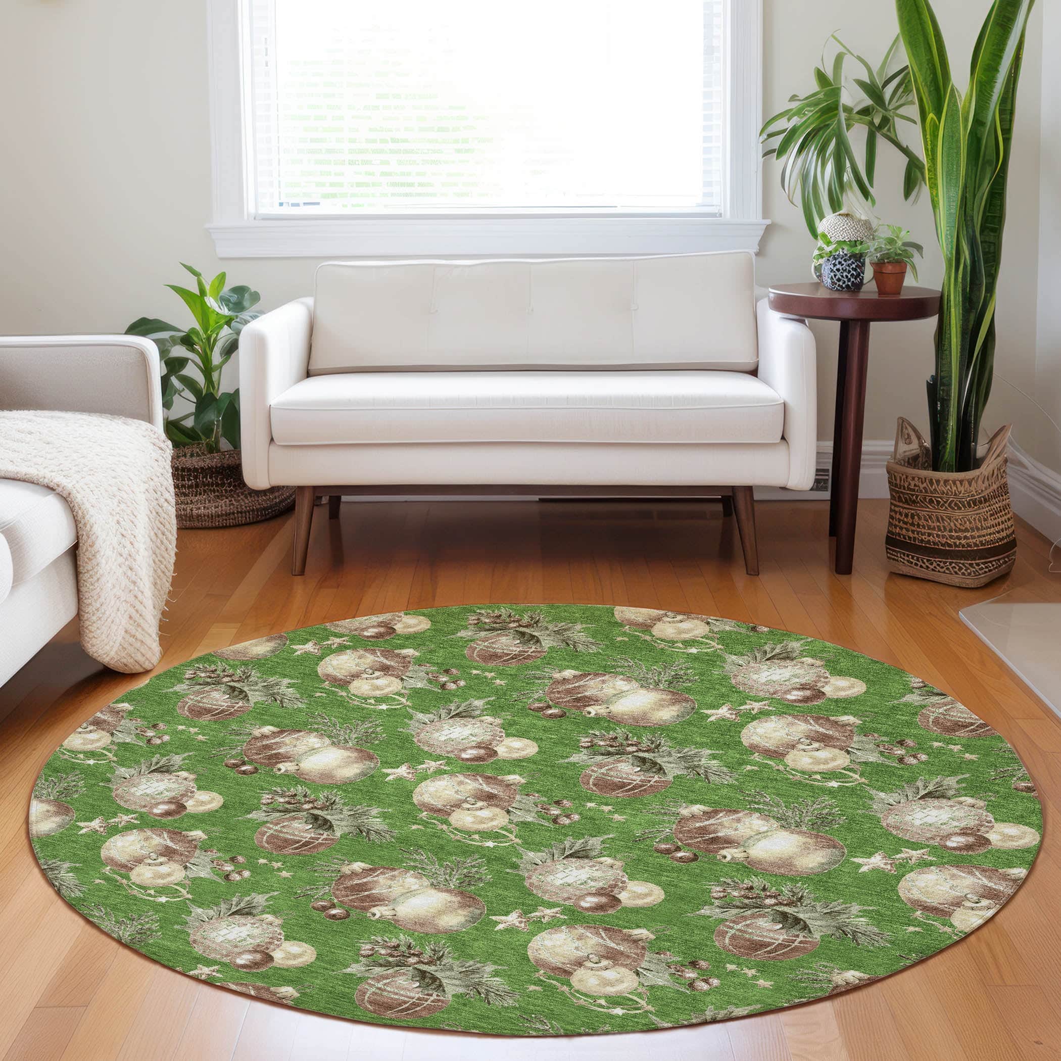 Luxury Machine Washable Indoor/Outdoor Holiday WN36 Green Rug 8' x 8' #shape_Round
