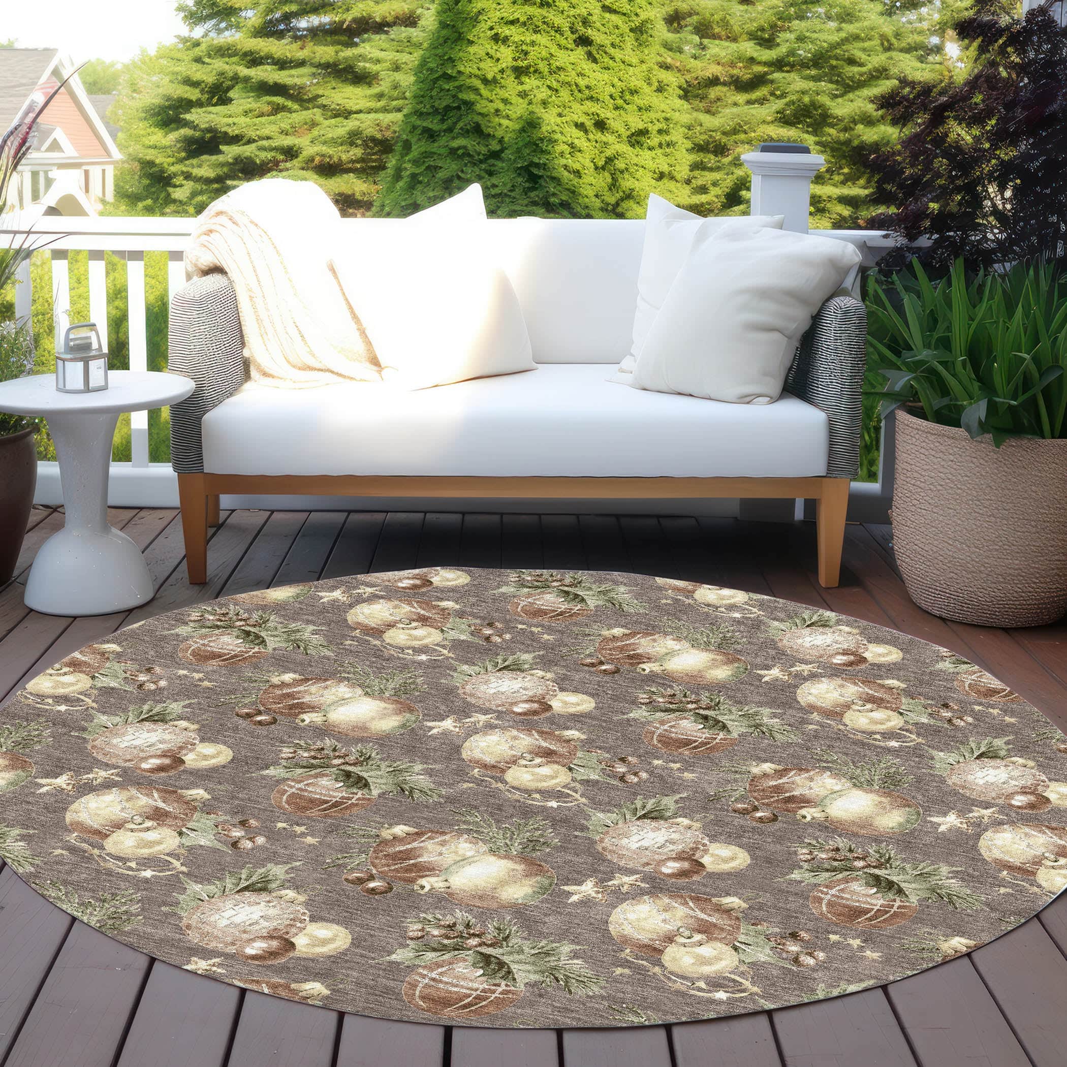 Luxury Machine Washable Indoor/Outdoor Holiday WN36 Taupe Brown Rug 8' x 8' #shape_Round