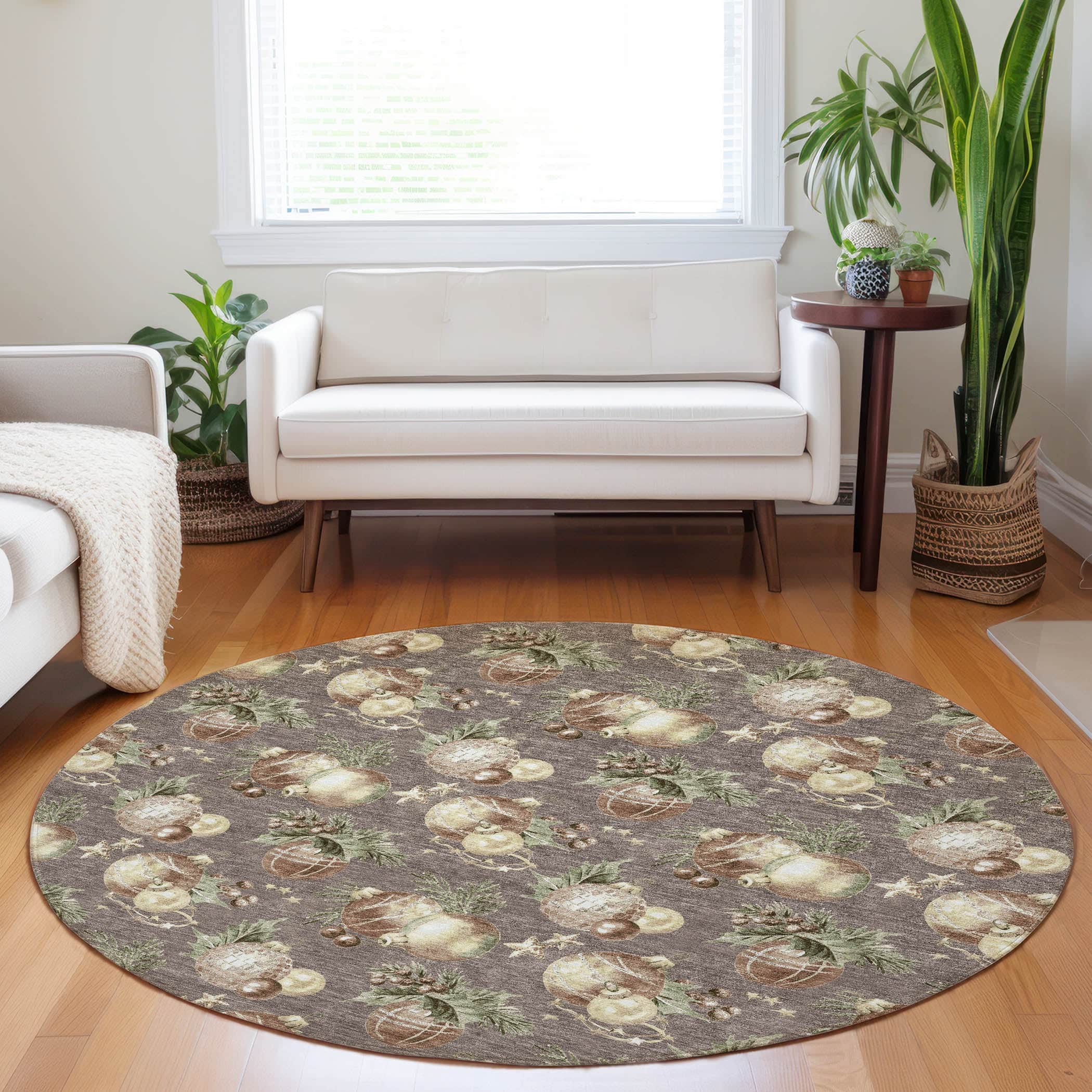 Luxury Machine Washable Indoor/Outdoor Holiday WN36 Taupe Brown Rug 8' x 8' #shape_Round