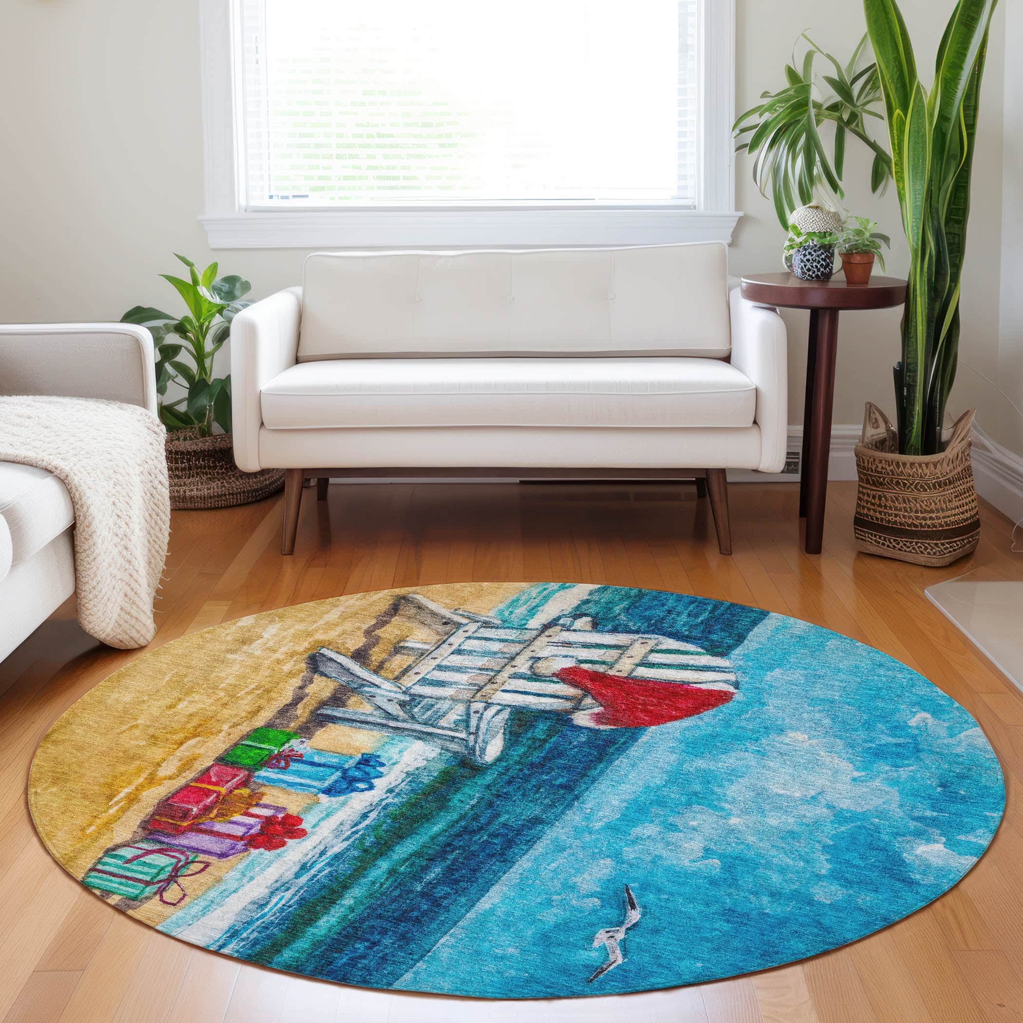 Luxury Machine Washable Indoor/Outdoor Holiday WN9 Ocean Blue Rug 8' x 8' #shape_Round