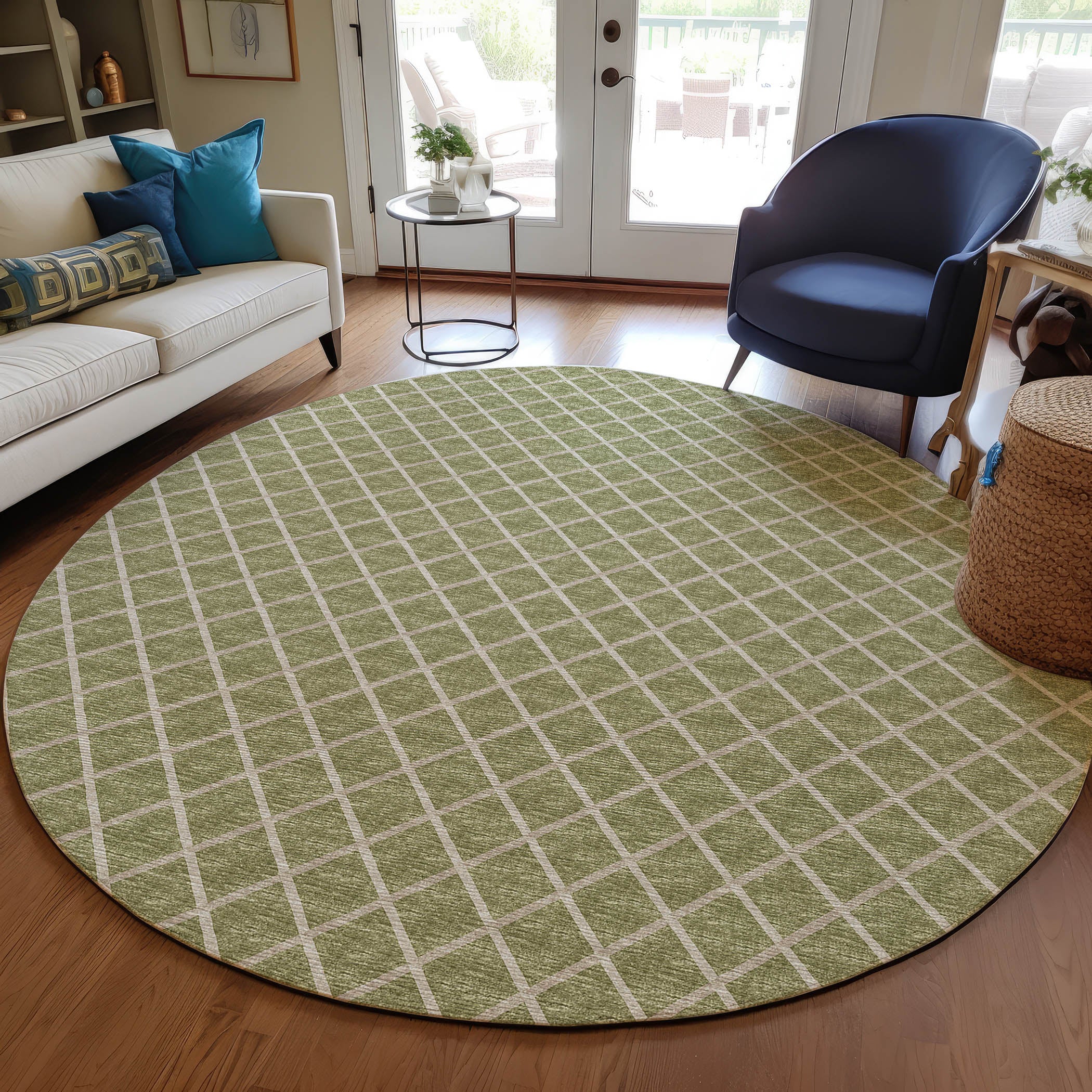 Luxury Machine Washable Indoor/Outdoor Transitional YO1 Aloe Green Rug 4' x 4' #shape_Round