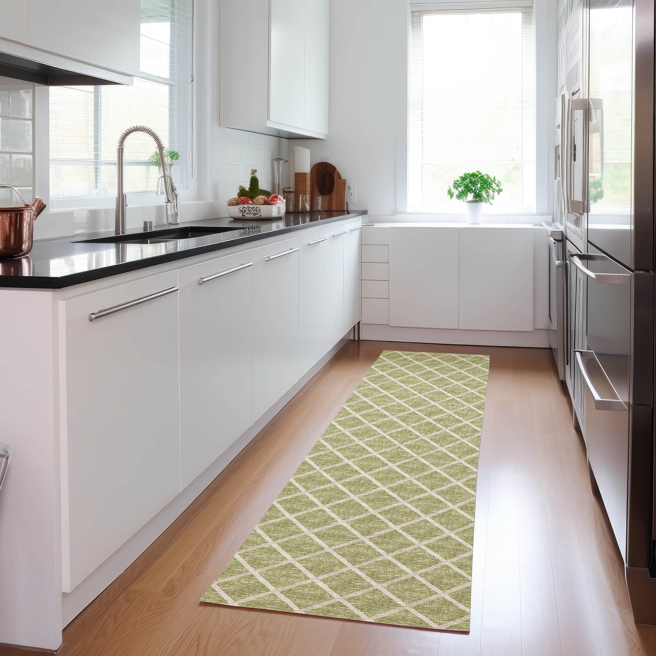 Luxury Machine Washable Indoor/Outdoor Transitional YO1 Aloe Green Rug 2'3" x 10' #shape_Runner
