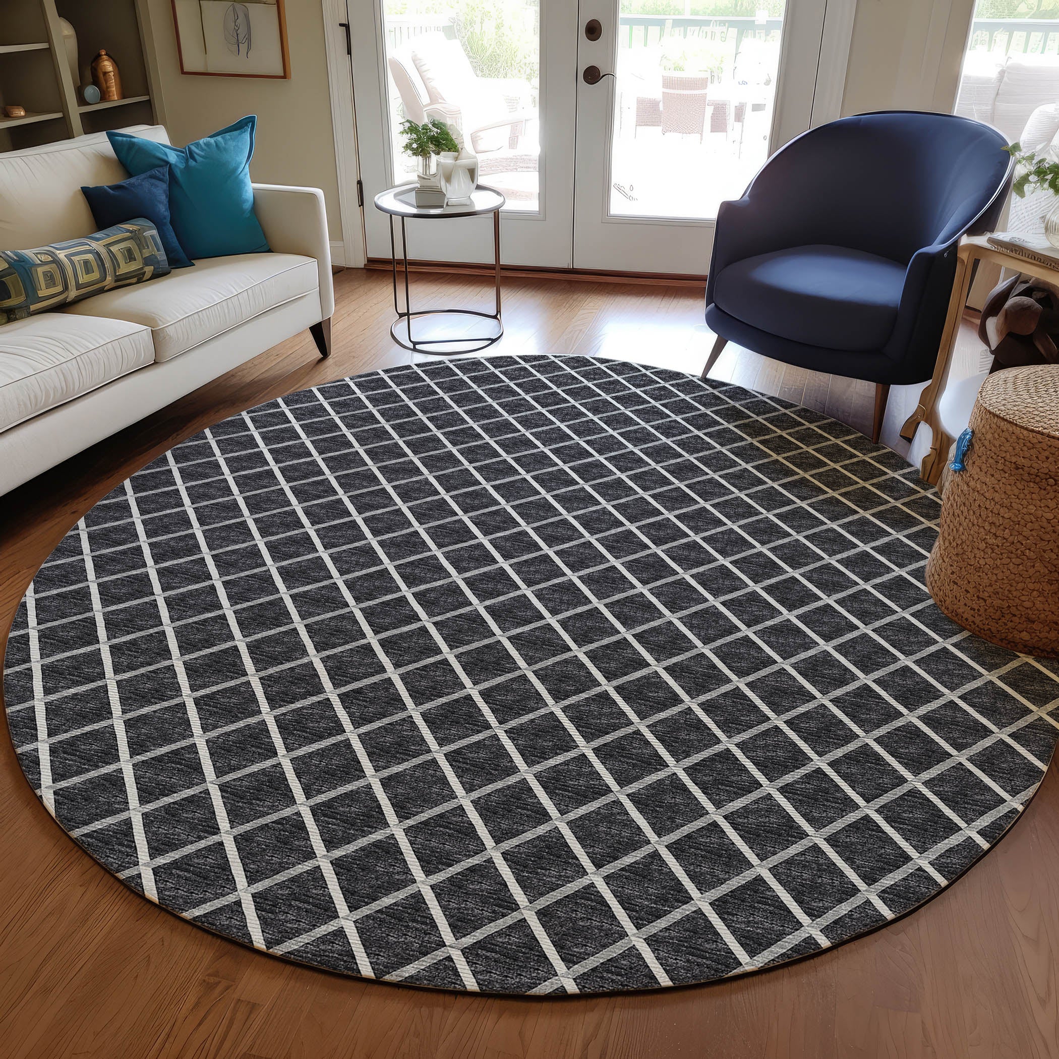 Luxury Machine Washable Indoor/Outdoor Transitional YO1 Black Rug 4' x 4' #shape_Round