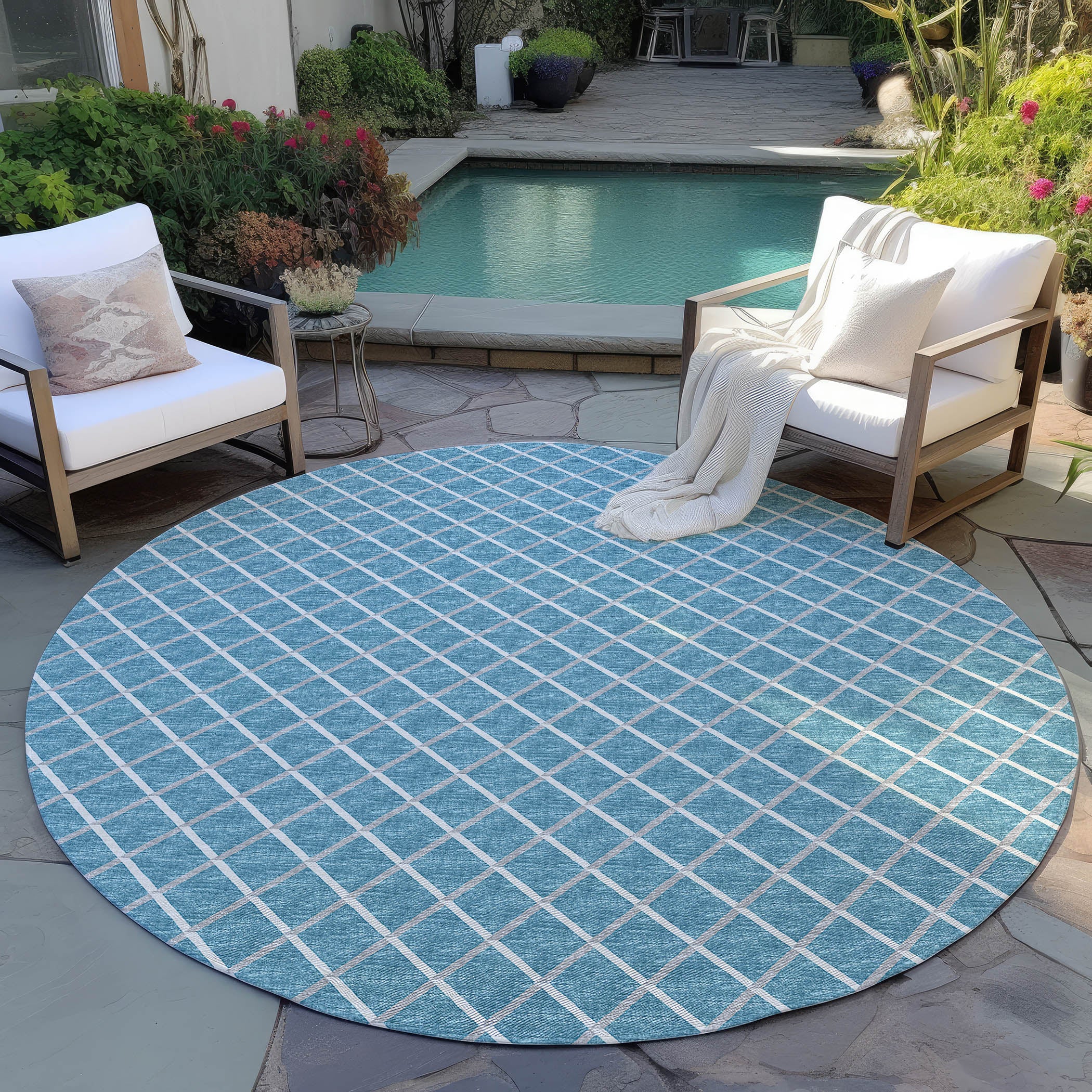 Luxury Machine Washable Indoor/Outdoor Transitional YO1 Sky Blue Rug 4' x 4' #shape_Round