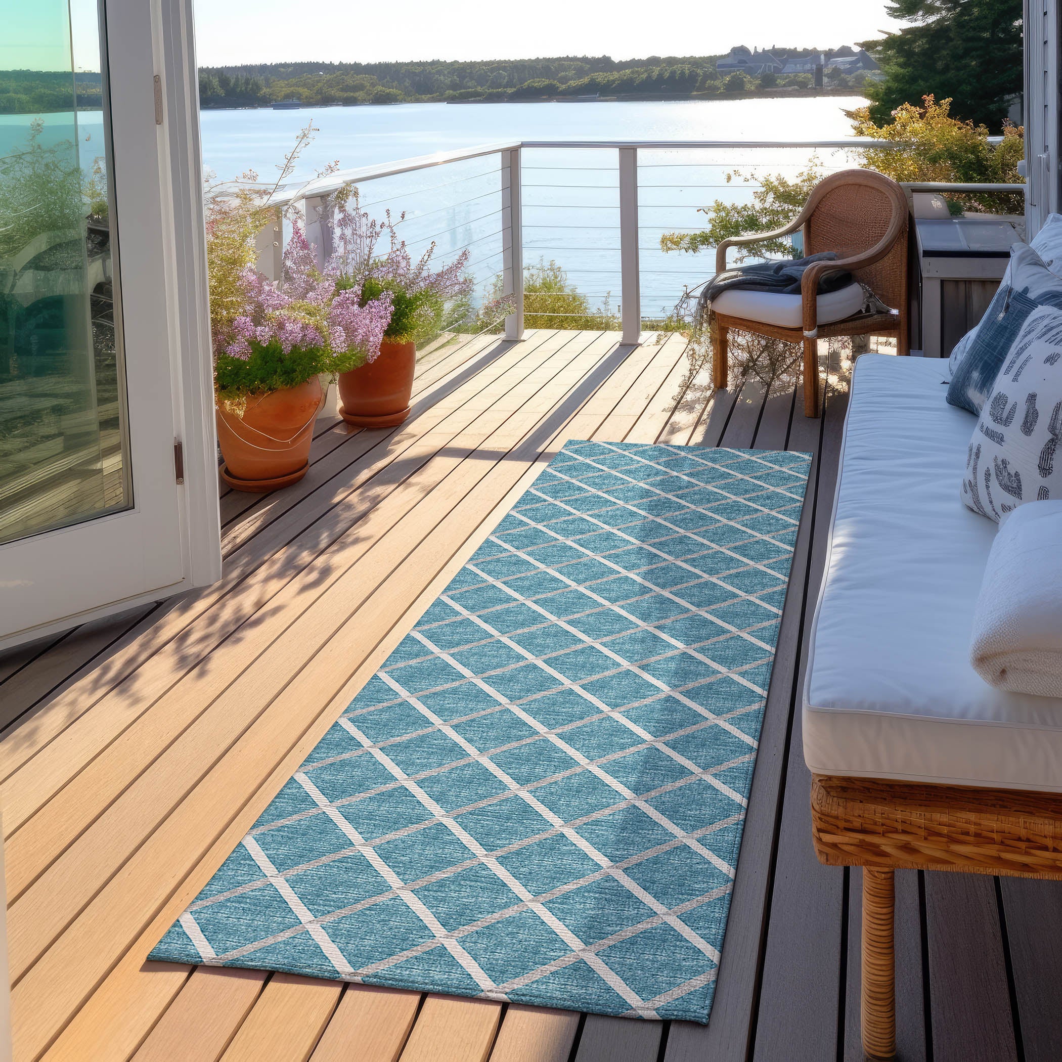 Luxury Machine Washable Indoor/Outdoor Transitional YO1 Sky Blue Rug 2'3" x 10' #shape_Runner