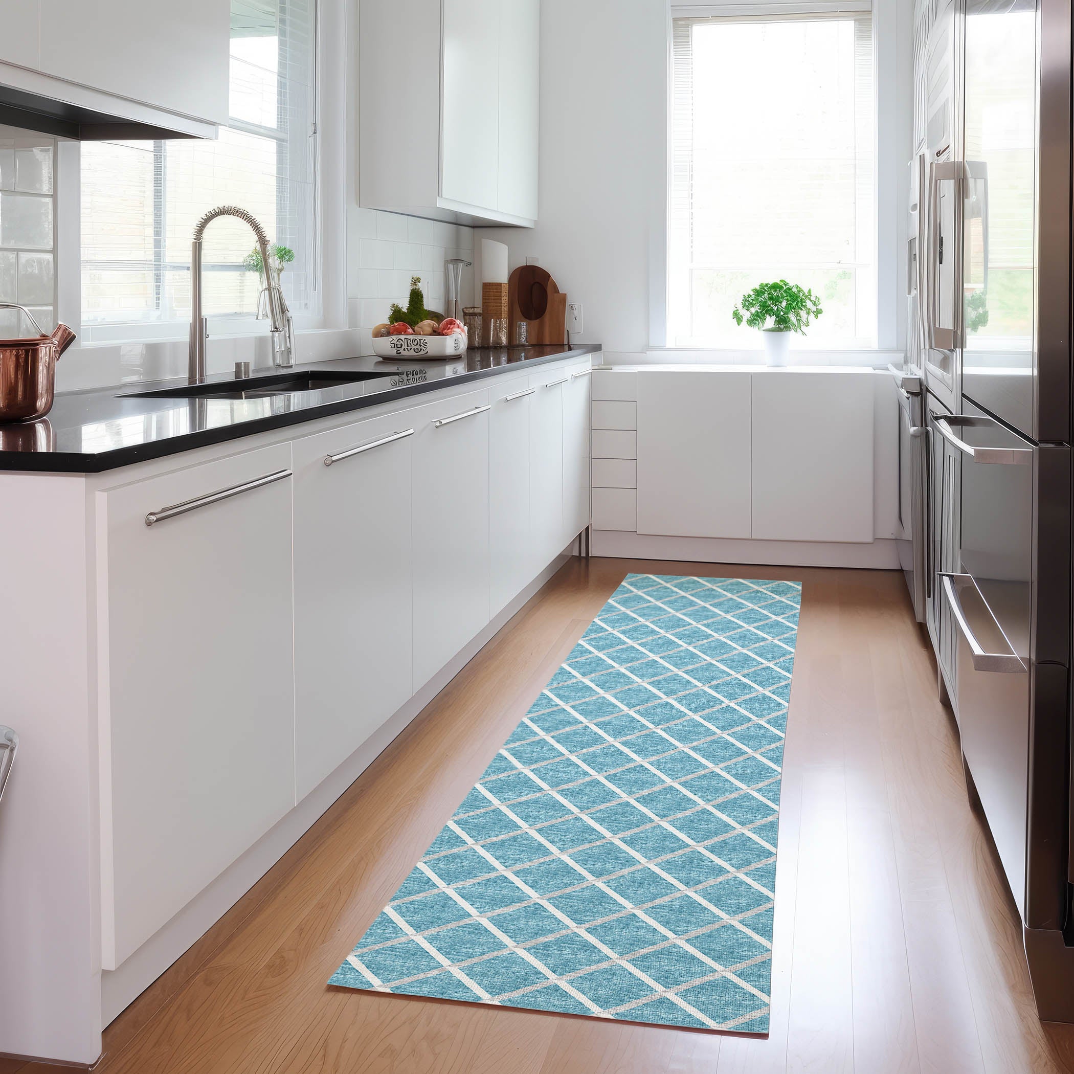 Luxury Machine Washable Indoor/Outdoor Transitional YO1 Sky Blue Rug 2'3" x 10' #shape_Runner