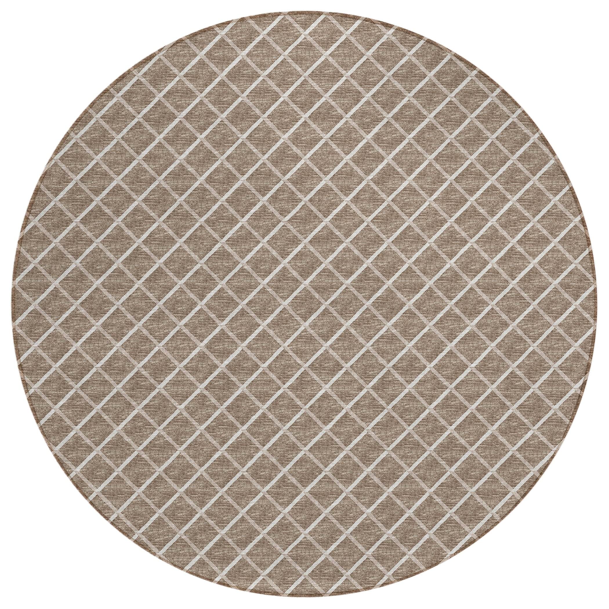 Luxury Machine Washable Indoor/Outdoor Transitional YO1 Taupe Brown Rug 4' x 4' #shape_Round