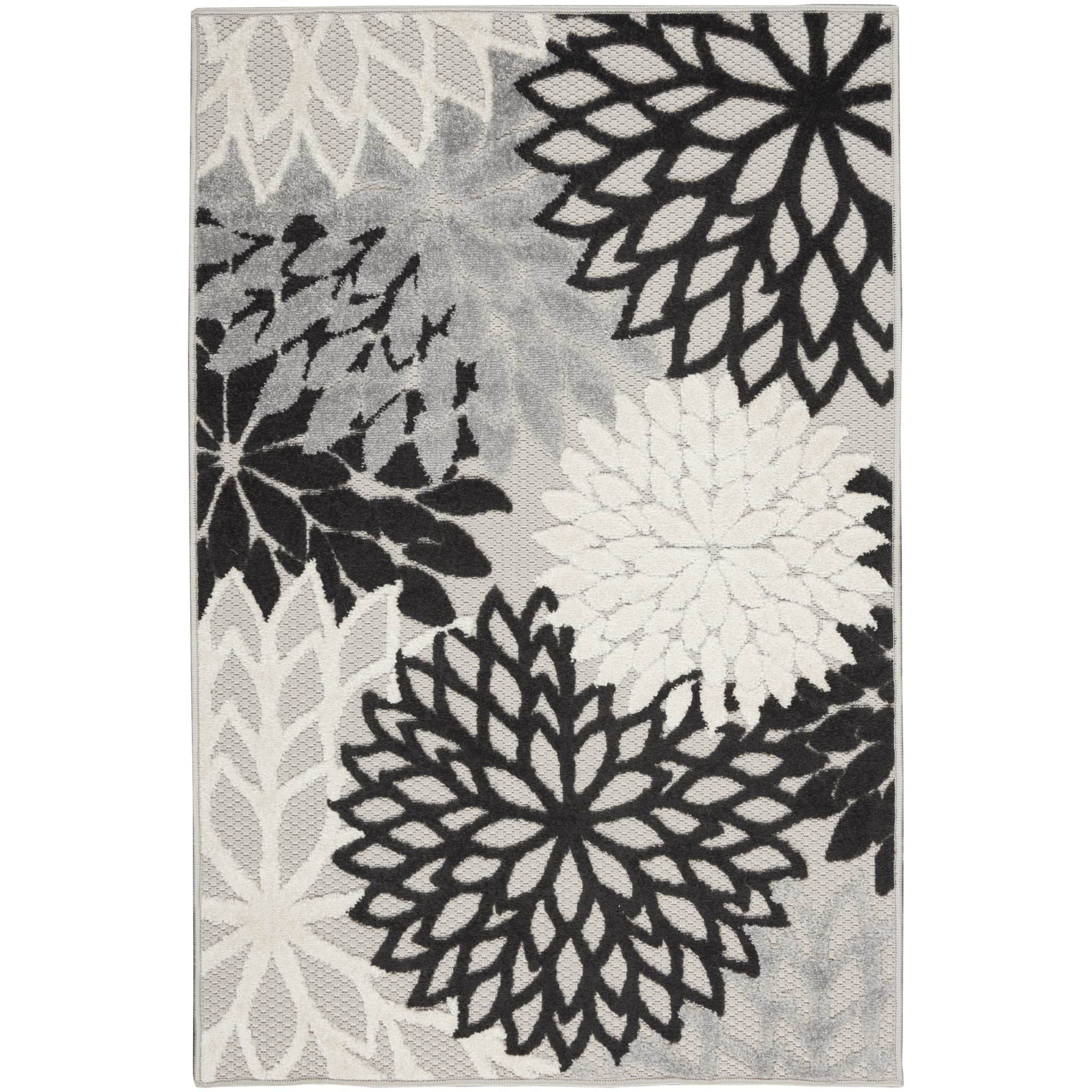 Black White Tropical Indoor-Outdoor Black White Area Rug
