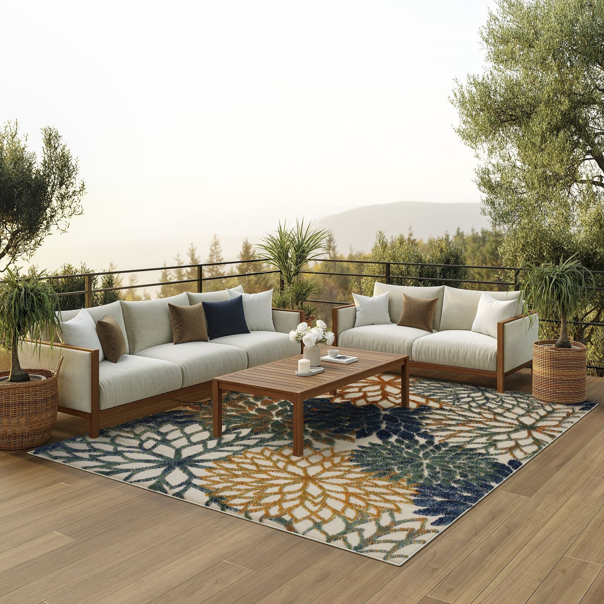 Blue Green Tropical Indoor-Outdoor Black White Area Rug