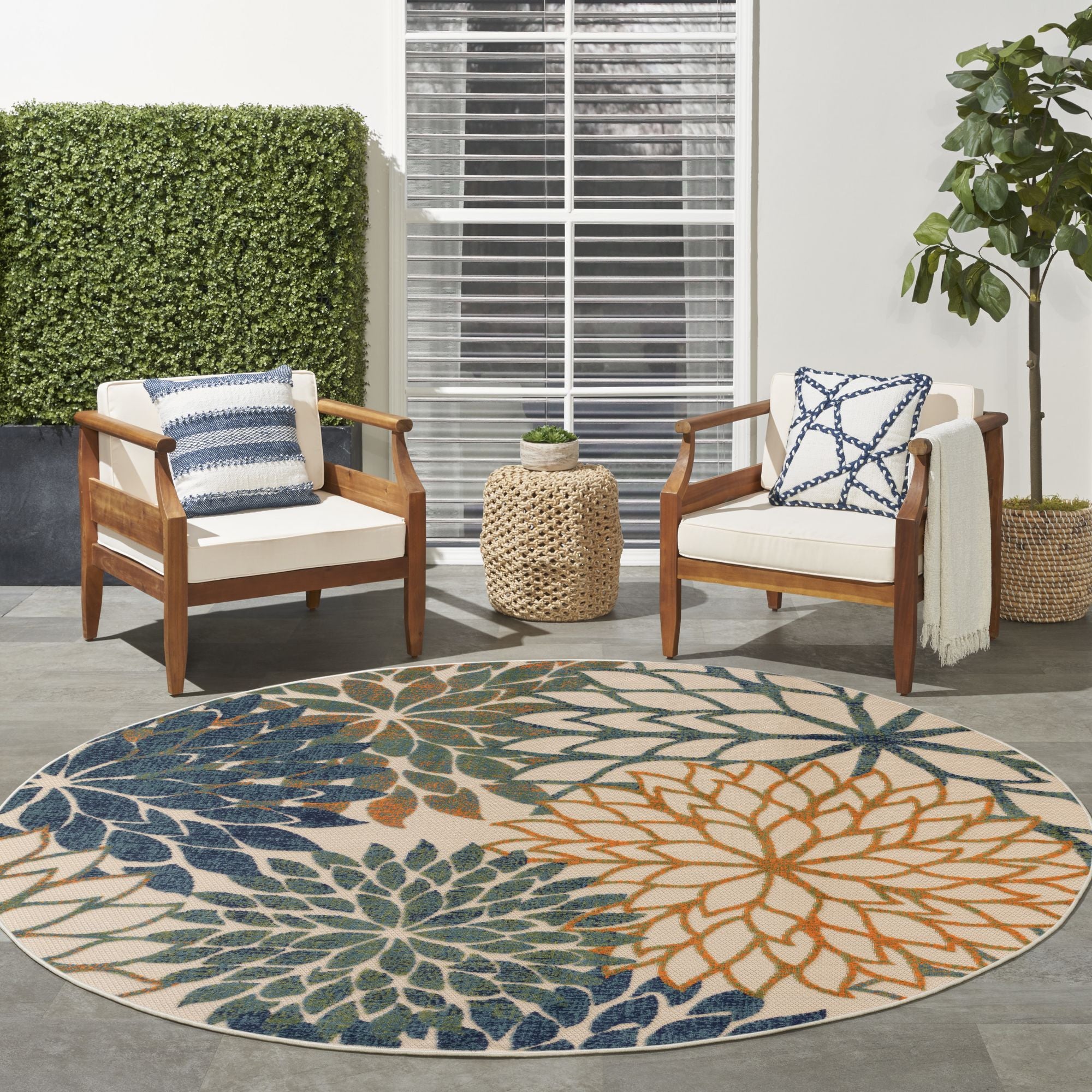 Blue Green Tropical Indoor-Outdoor Black White Area Rug