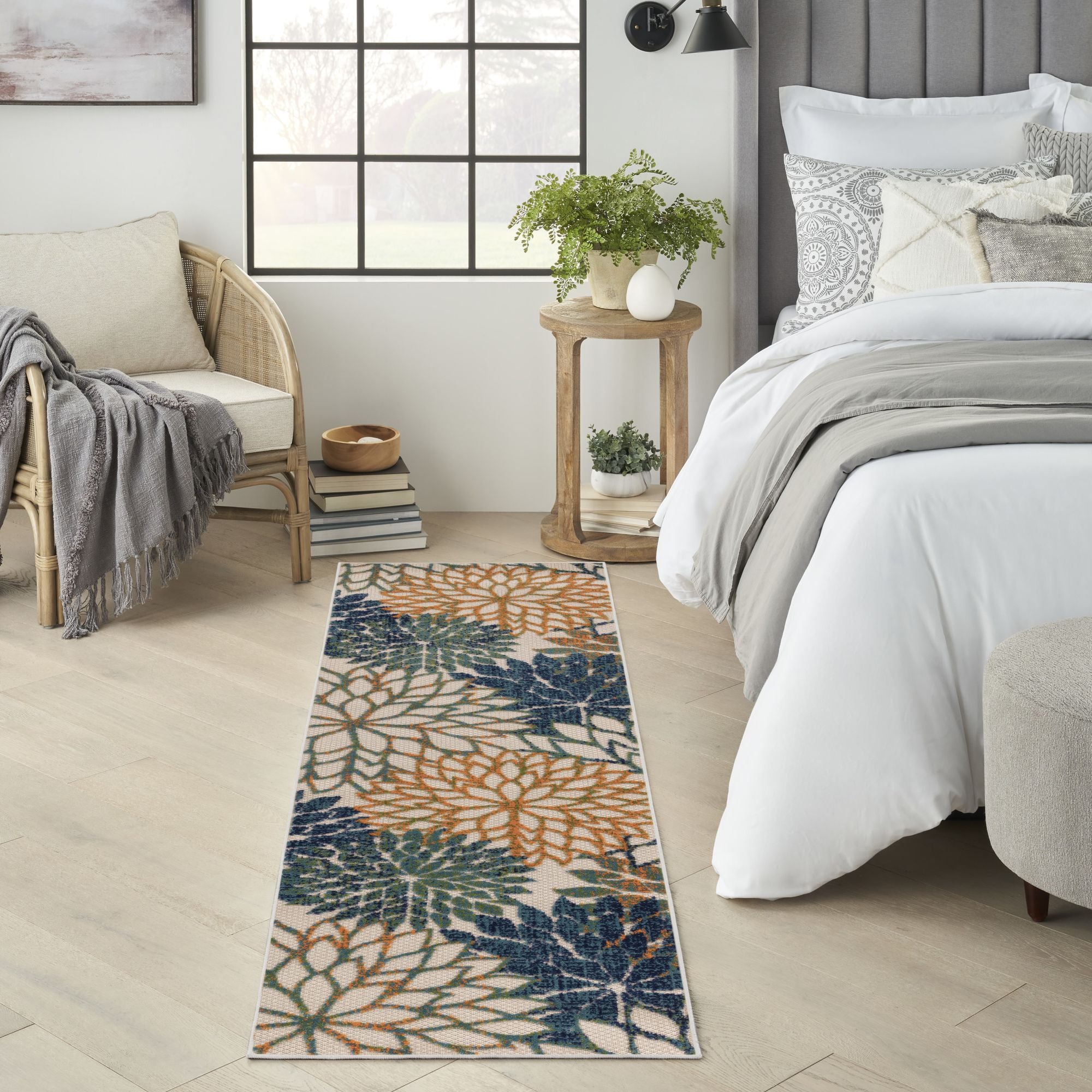 Blue Green Tropical Indoor-Outdoor Black White Area Rug