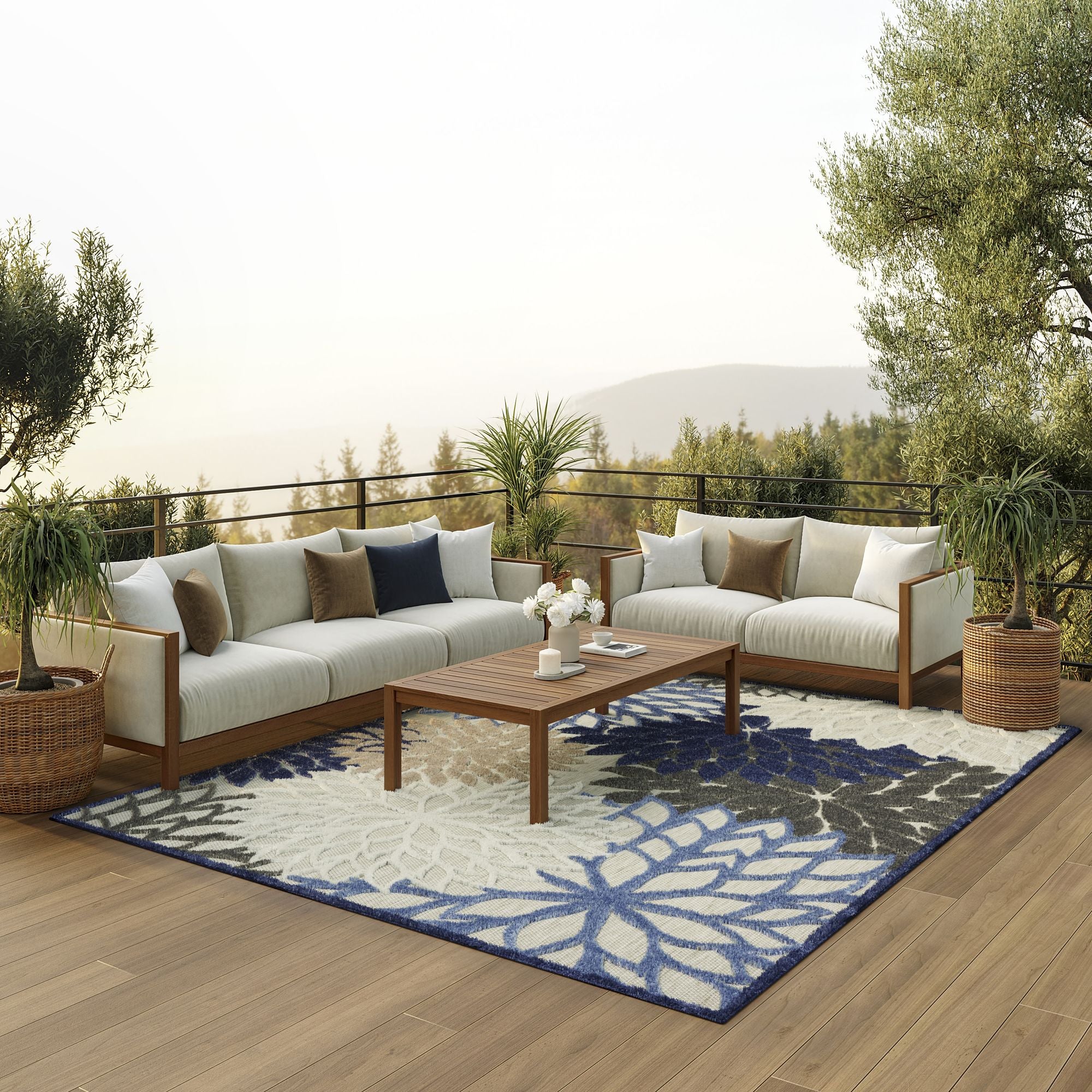 Blue Multicolor Tropical Indoor-Outdoor Black White Area Rug