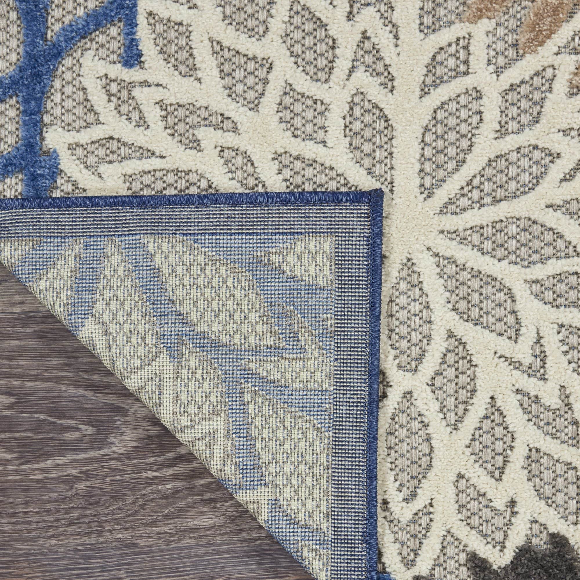 Blue Multicolor Tropical Indoor-Outdoor Black White Area Rug