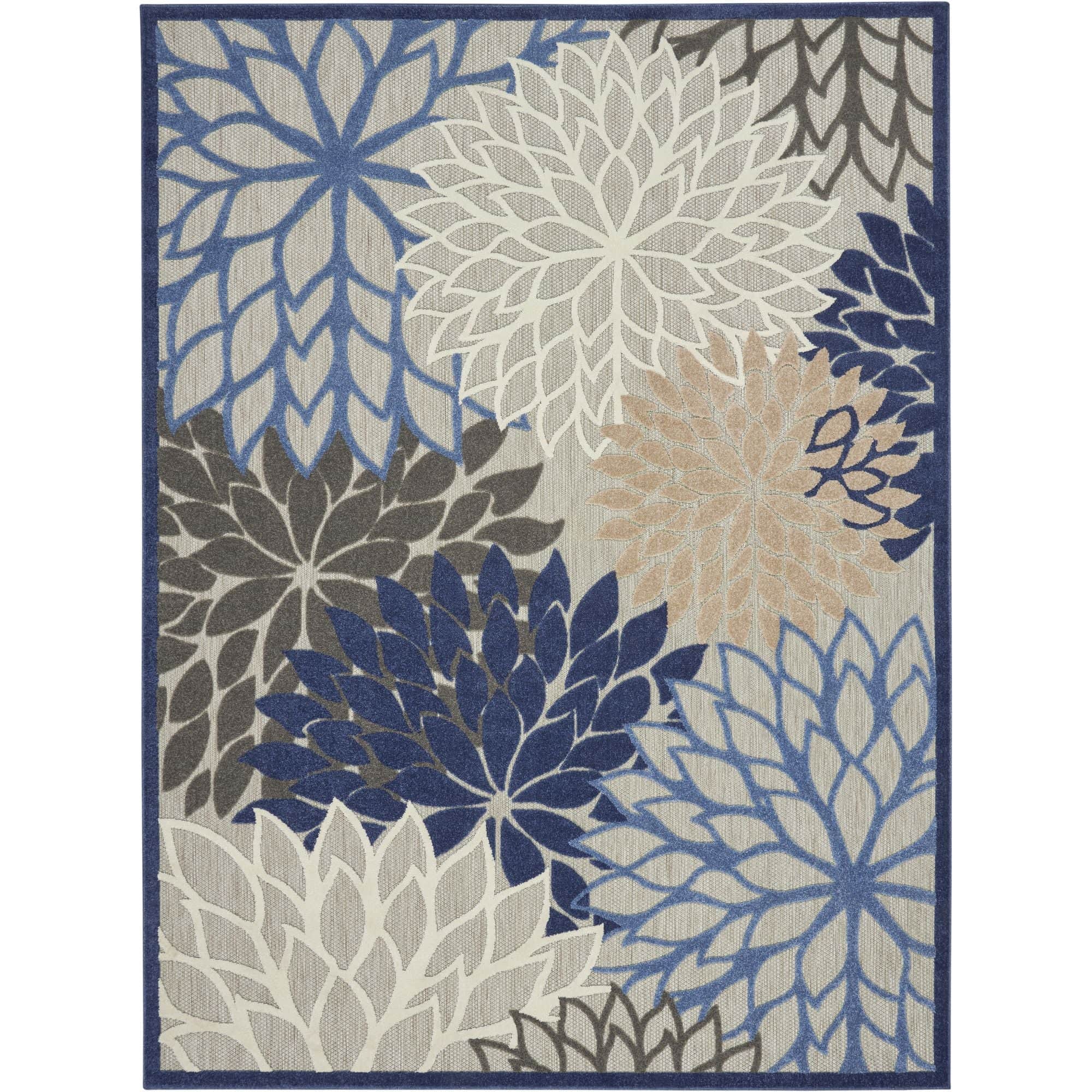Blue Multicolor Tropical Indoor-Outdoor Black White Area Rug