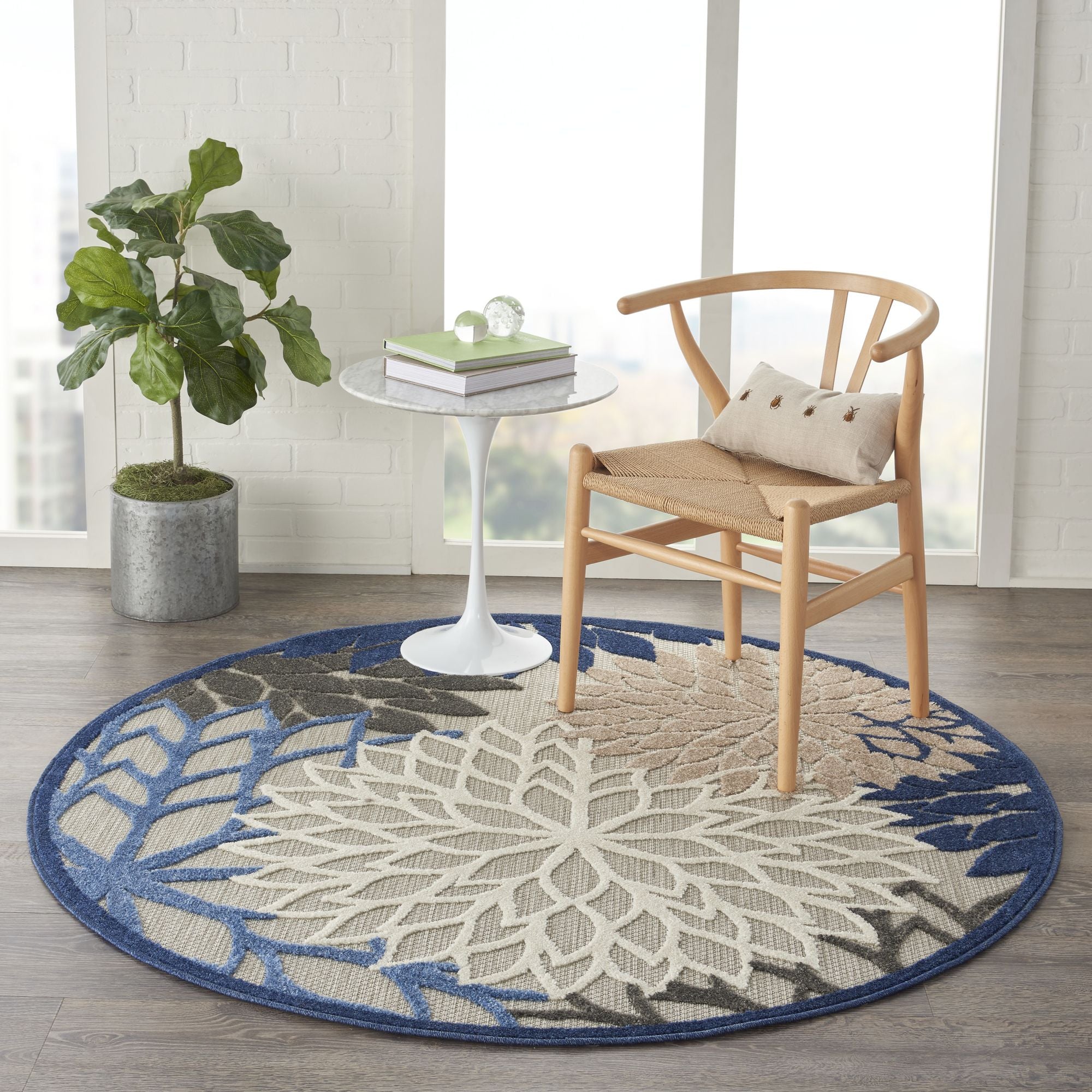 Blue Multicolor Tropical Indoor-Outdoor Black White Area Rug