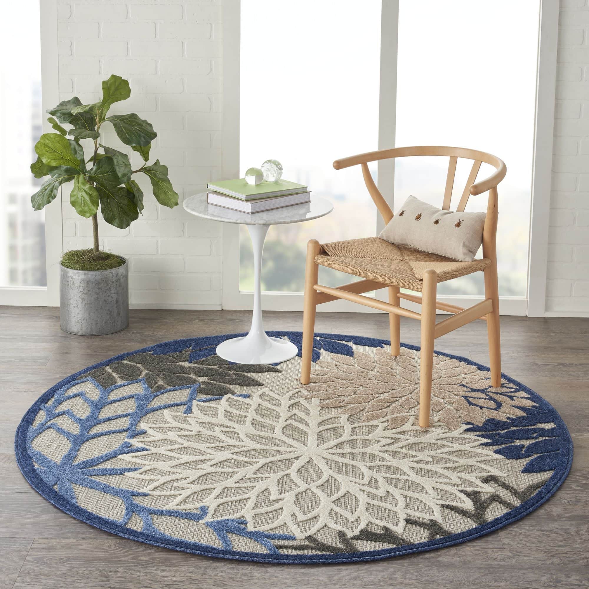 Blue Multicolor Tropical Indoor-Outdoor Black White Area Rug