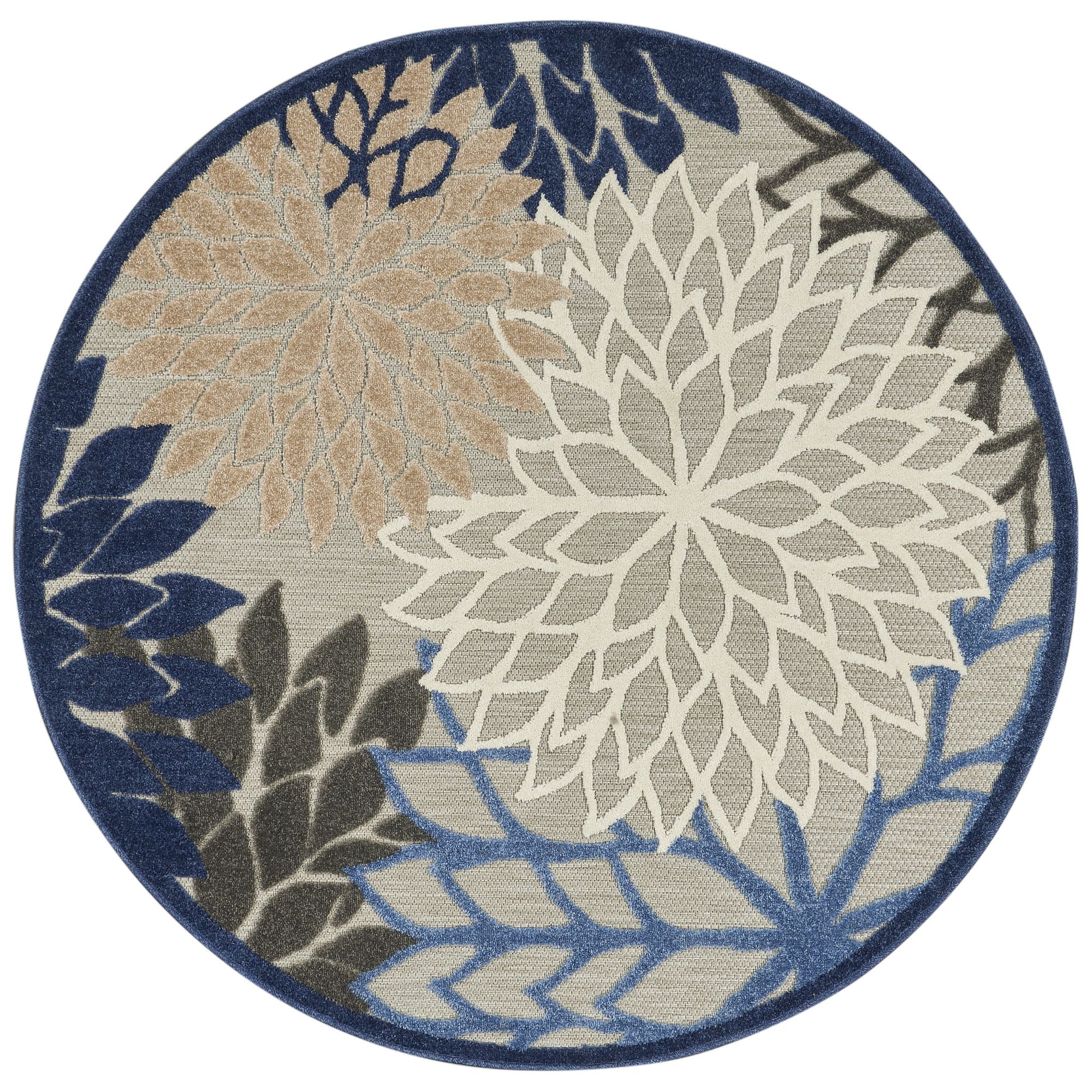 Blue Multicolor Tropical Indoor-Outdoor Black White Area Rug
