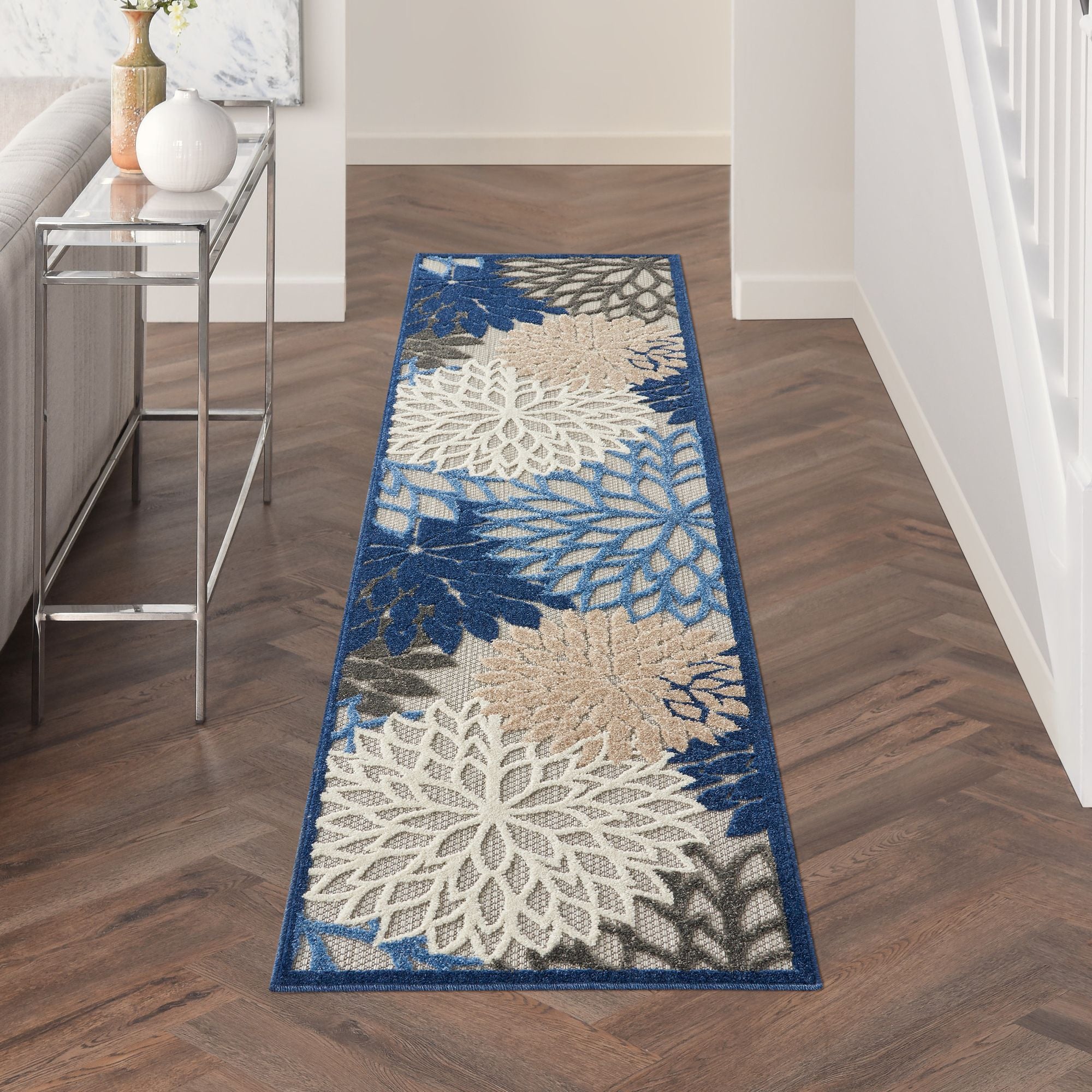 Blue Multicolor Tropical Indoor-Outdoor Black White Area Rug