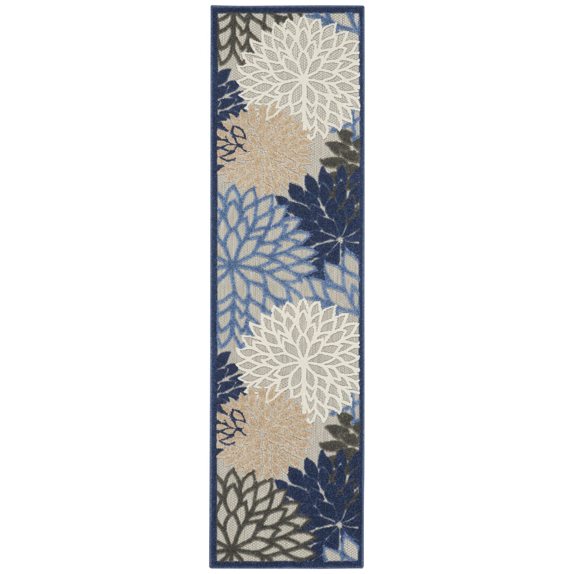 Blue Multicolor Tropical Indoor-Outdoor Black White Area Rug