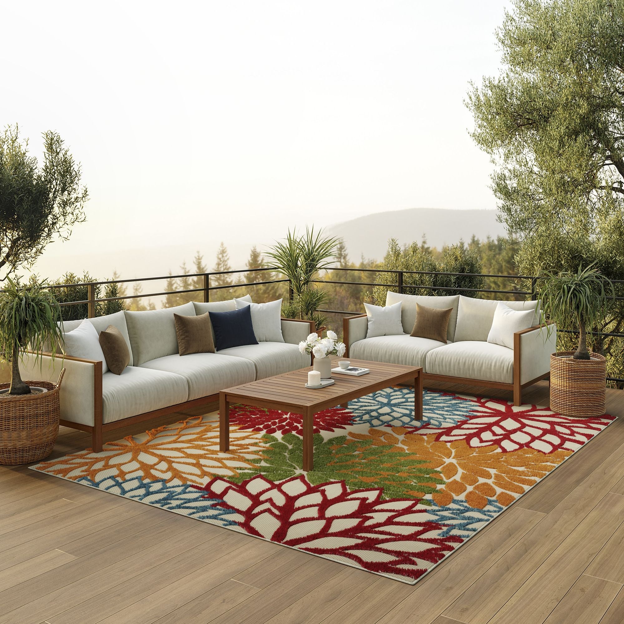 Green Tropical Indoor-Outdoor Black White Area Rug
