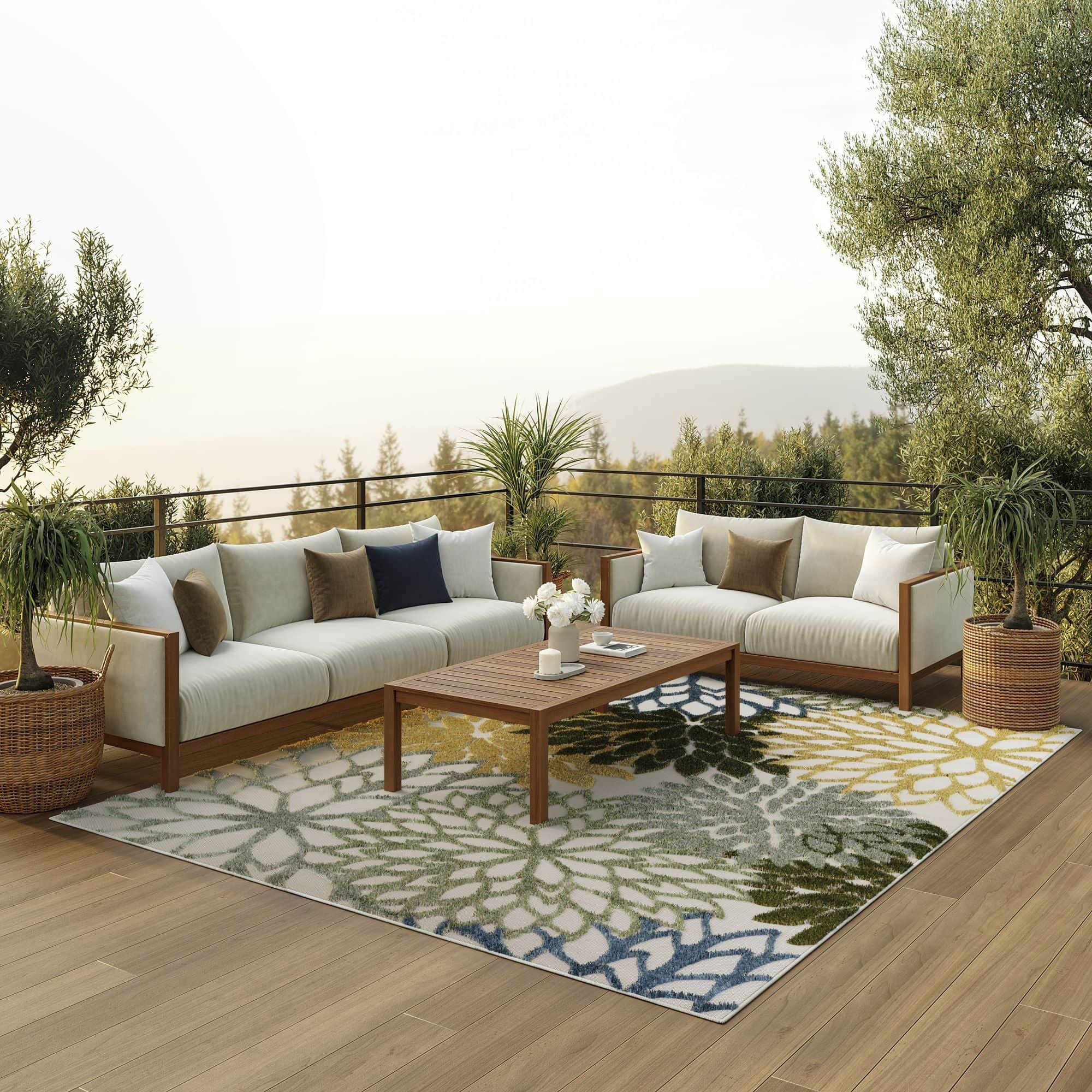 Green Multicolor Tropical Indoor-Outdoor Black White Area Rug