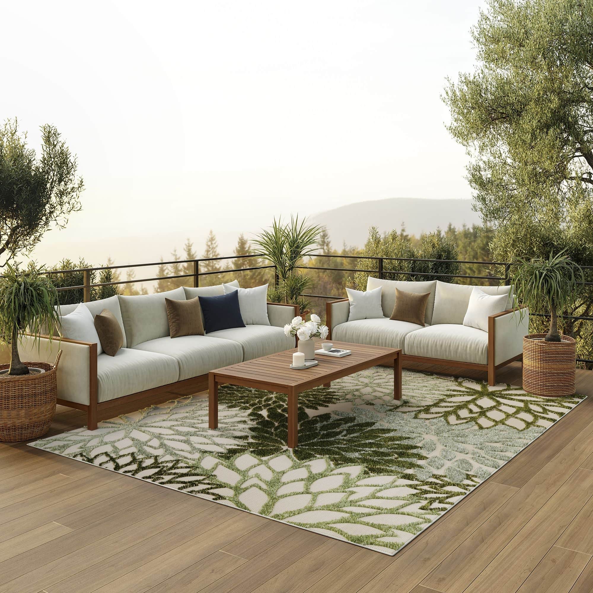 Ivory Green Tropical Indoor-Outdoor Black White Area Rug