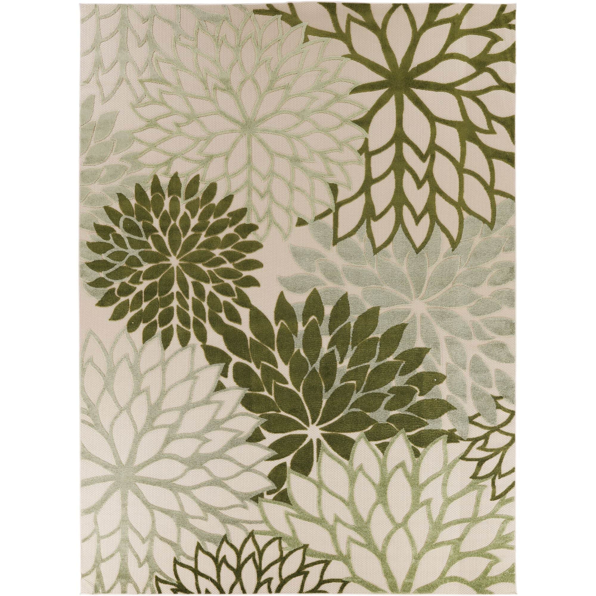 Ivory Green Tropical Indoor-Outdoor Black White Area Rug