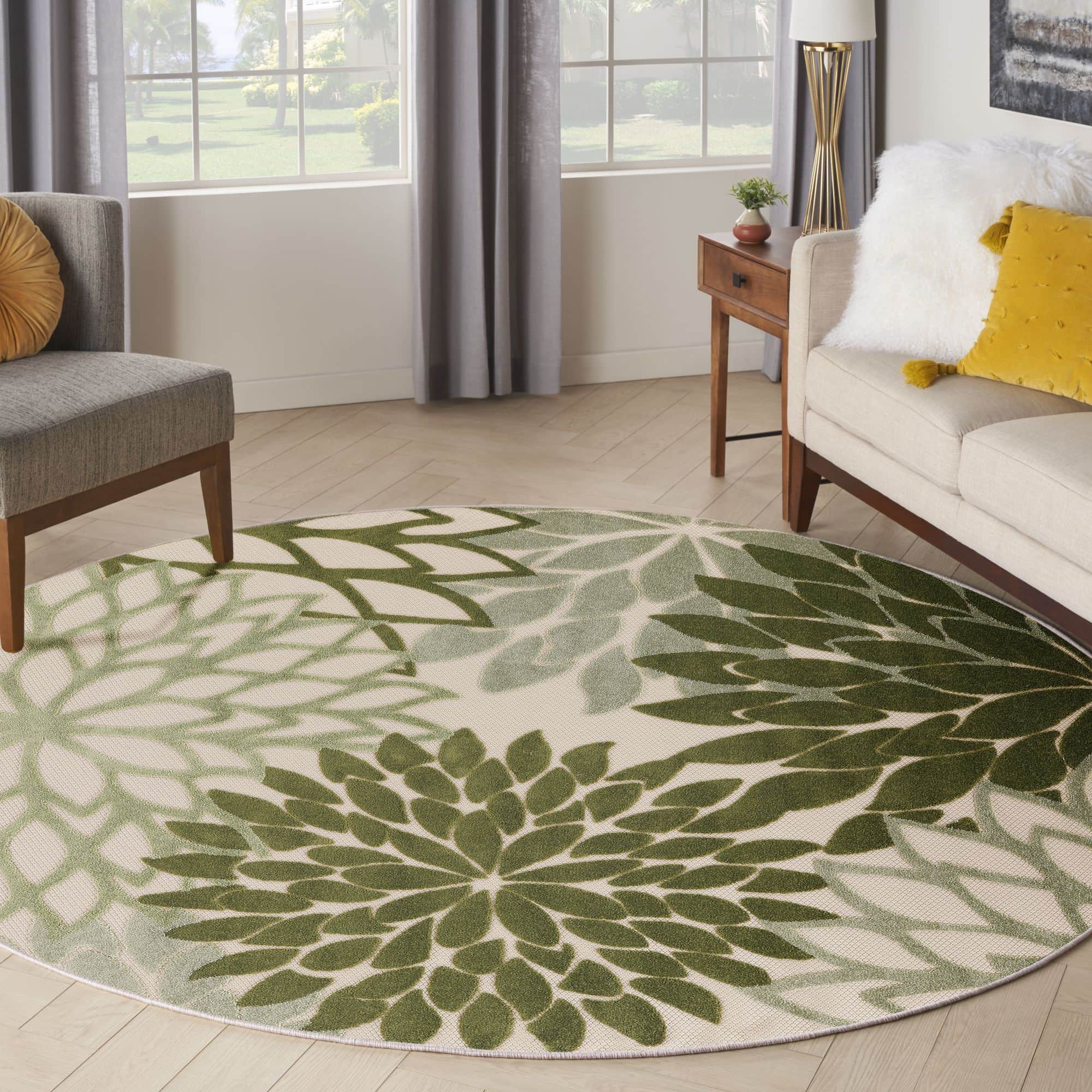 Ivory Green Tropical Indoor-Outdoor Black White Area Rug