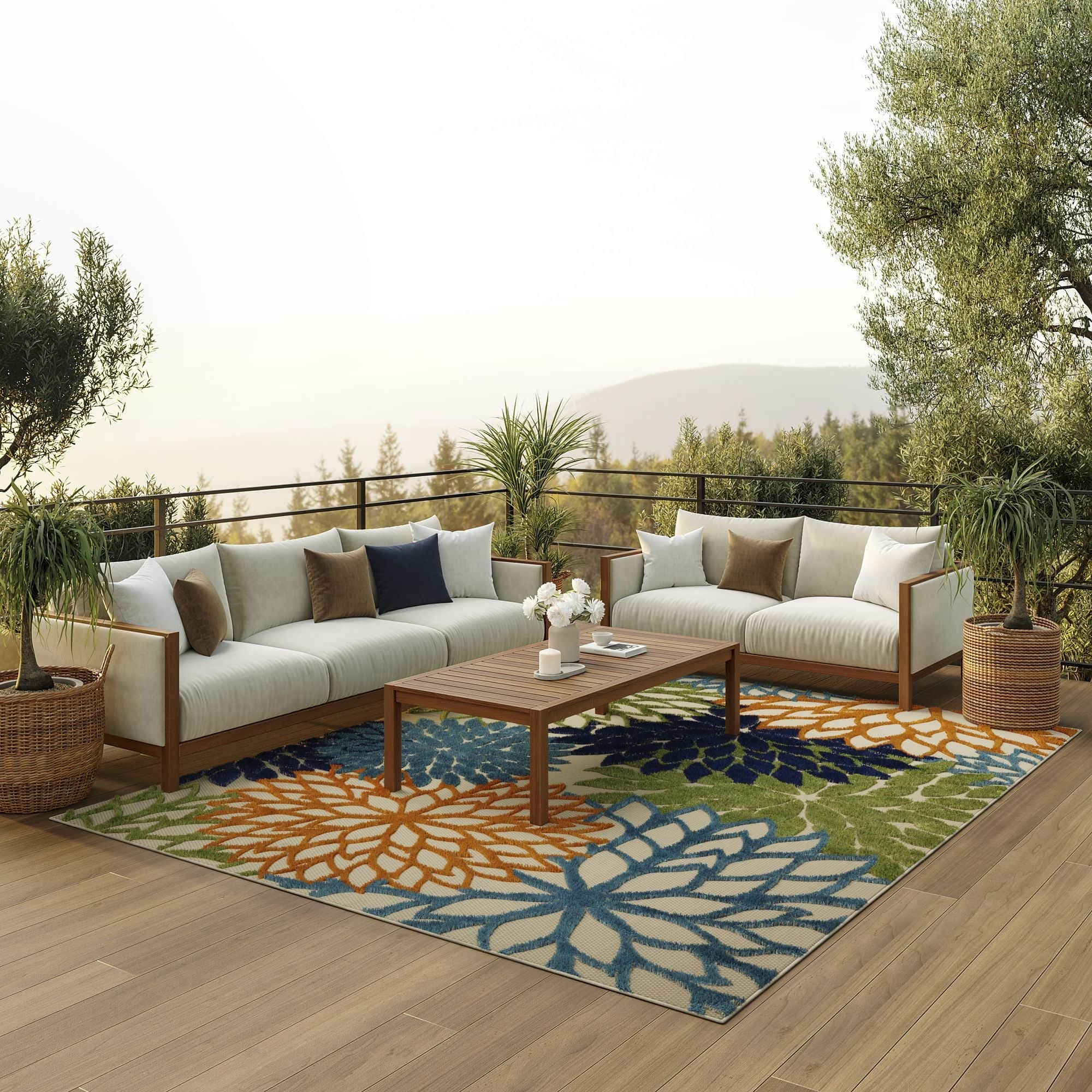 Multicolor Tropical Indoor-Outdoor Black White Area Rug
