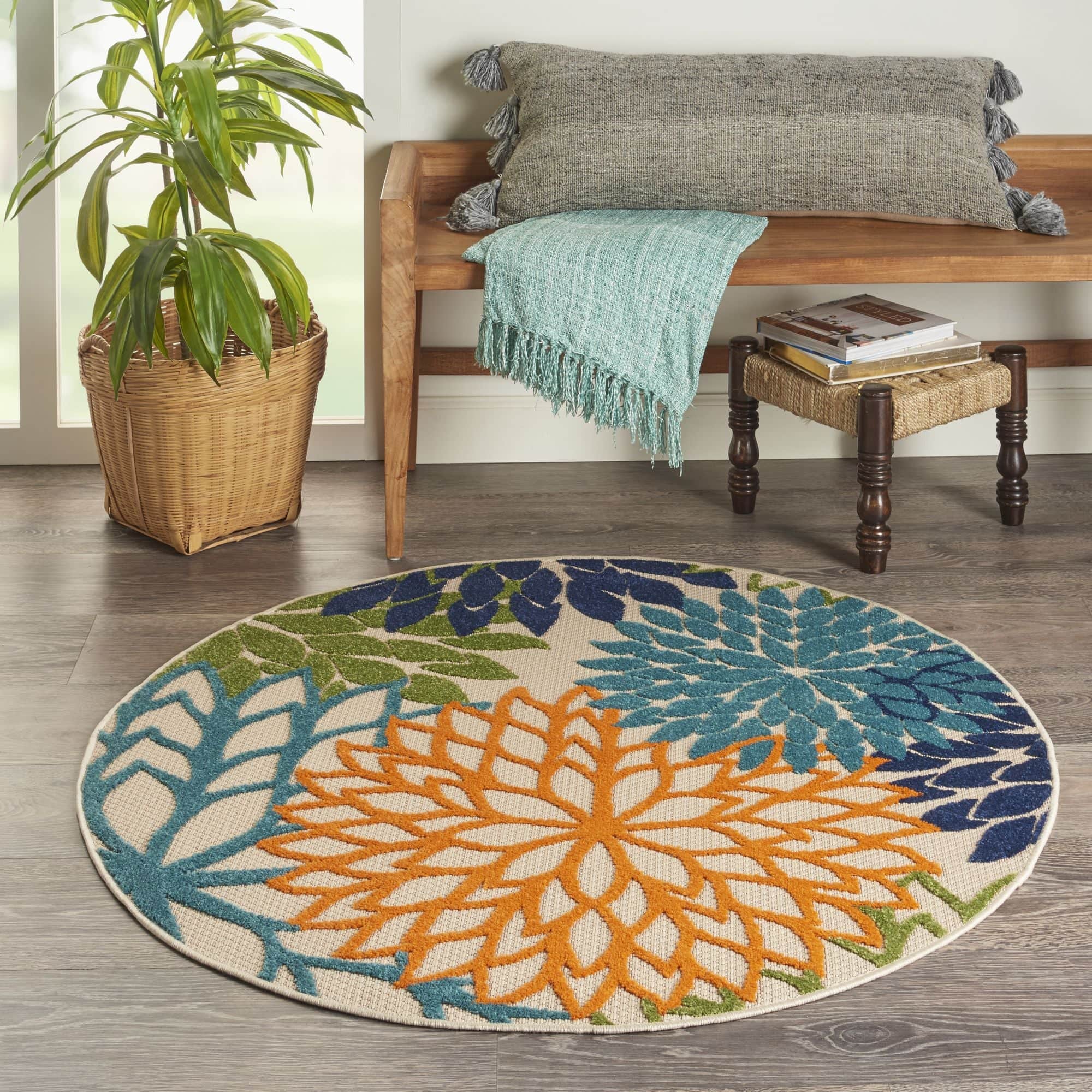 Multicolor Tropical Indoor-Outdoor Black White Area Rug