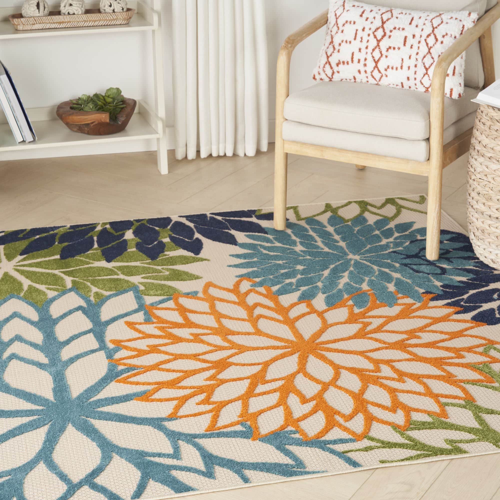 Multicolor Tropical Indoor-Outdoor Black White Area Rug