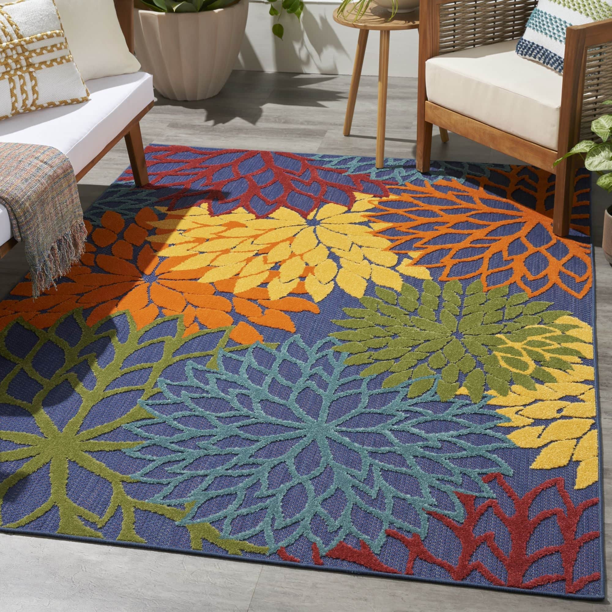 Navy Multicolor Tropical Indoor-Outdoor Black White Area Rug