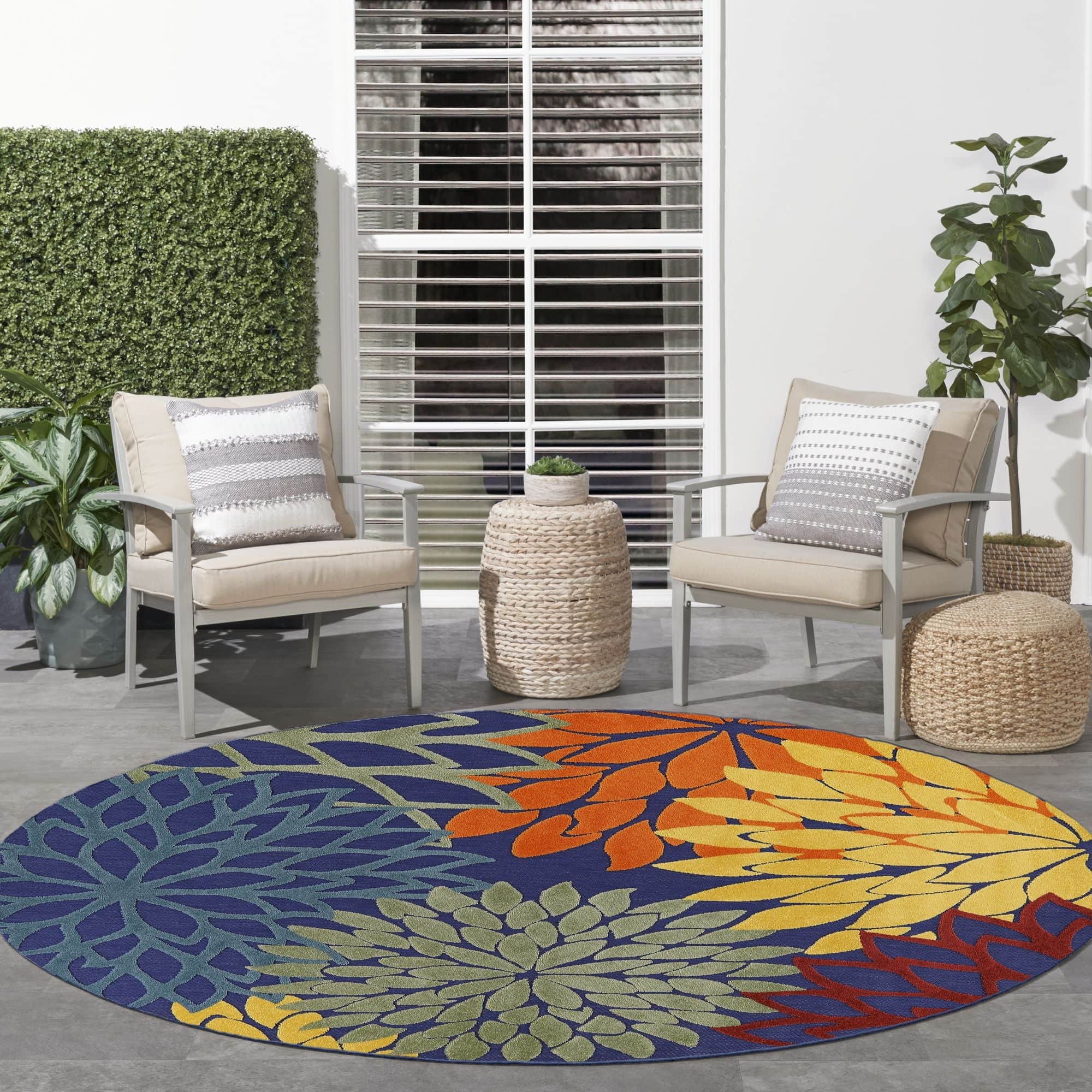 Navy Multicolor Tropical Indoor-Outdoor Black White Area Rug