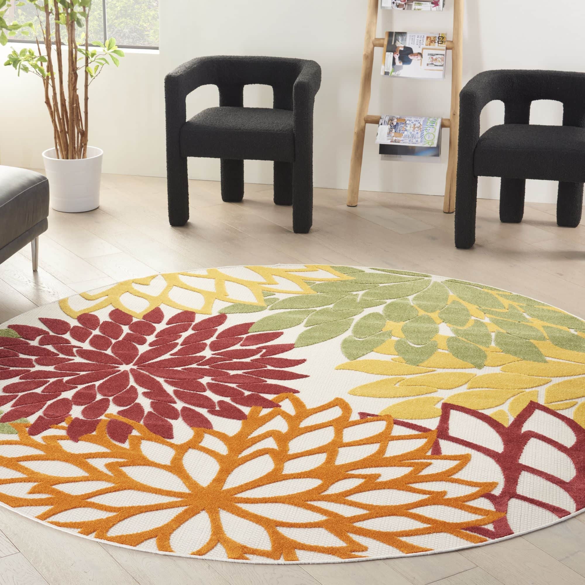 Red Multicolor Tropical Indoor-Outdoor Black White Area Rug