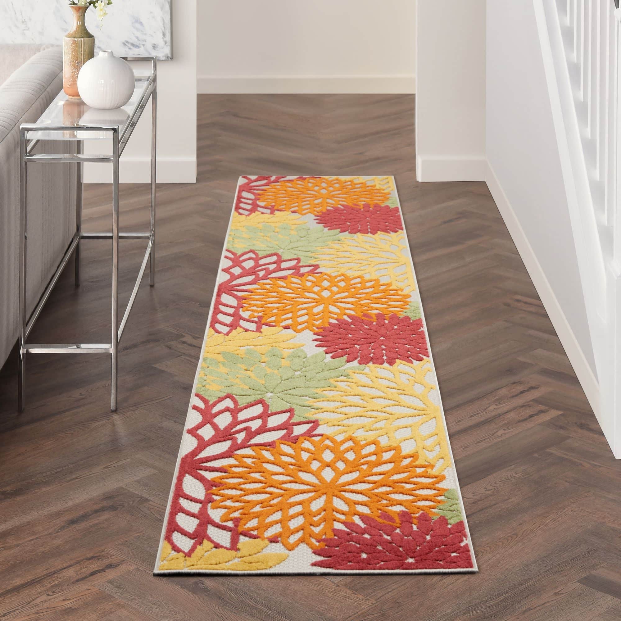 Red Multicolor Tropical Indoor-Outdoor Black White Area Rug