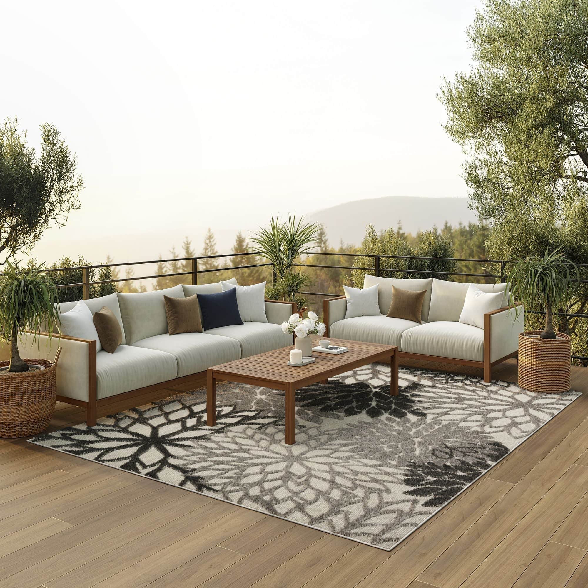 Silver Grey Tropical Indoor-Outdoor Black White Area Rug