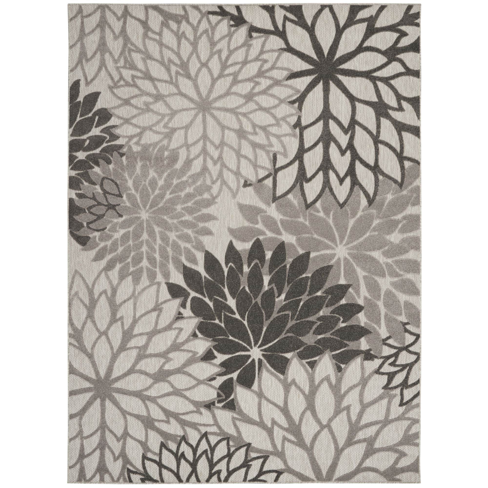 Silver Grey Tropical Indoor-Outdoor Black White Area Rug