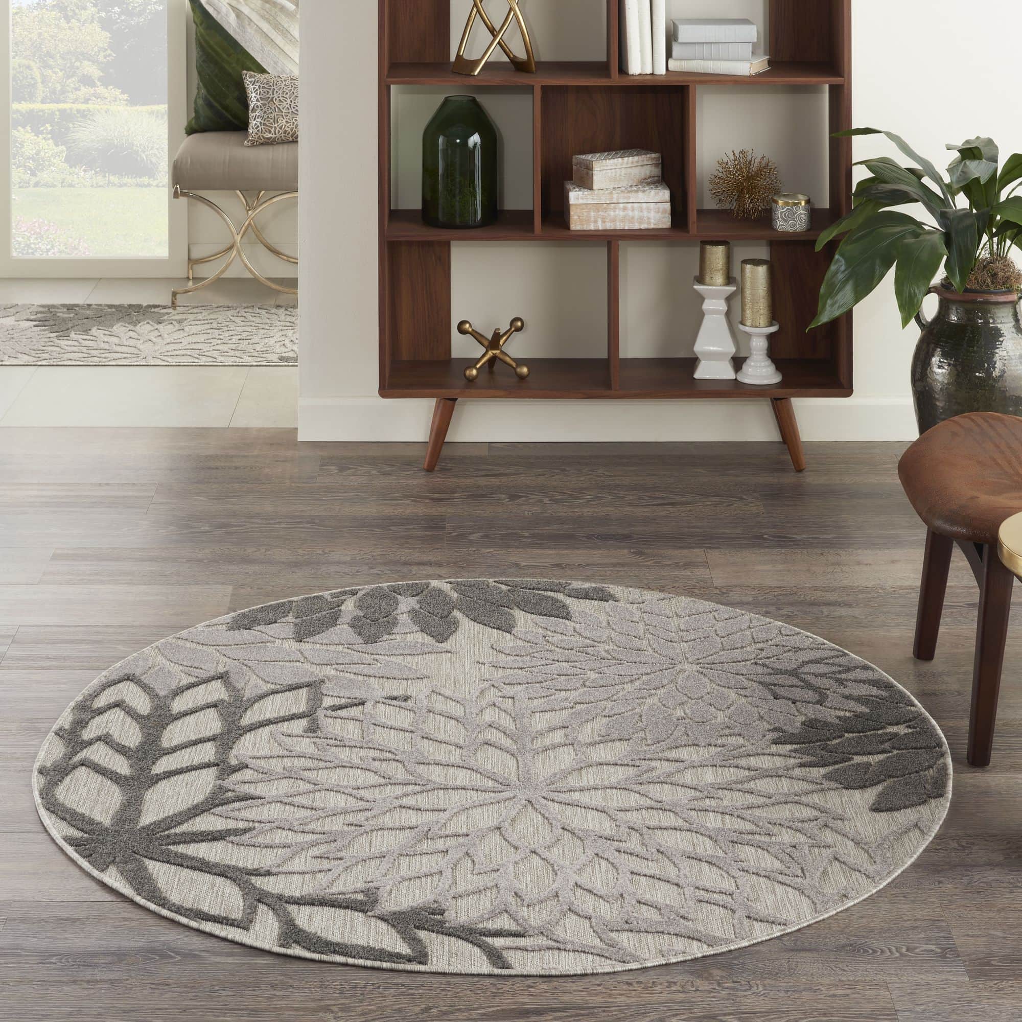 Silver Grey Tropical Indoor-Outdoor Black White Area Rug