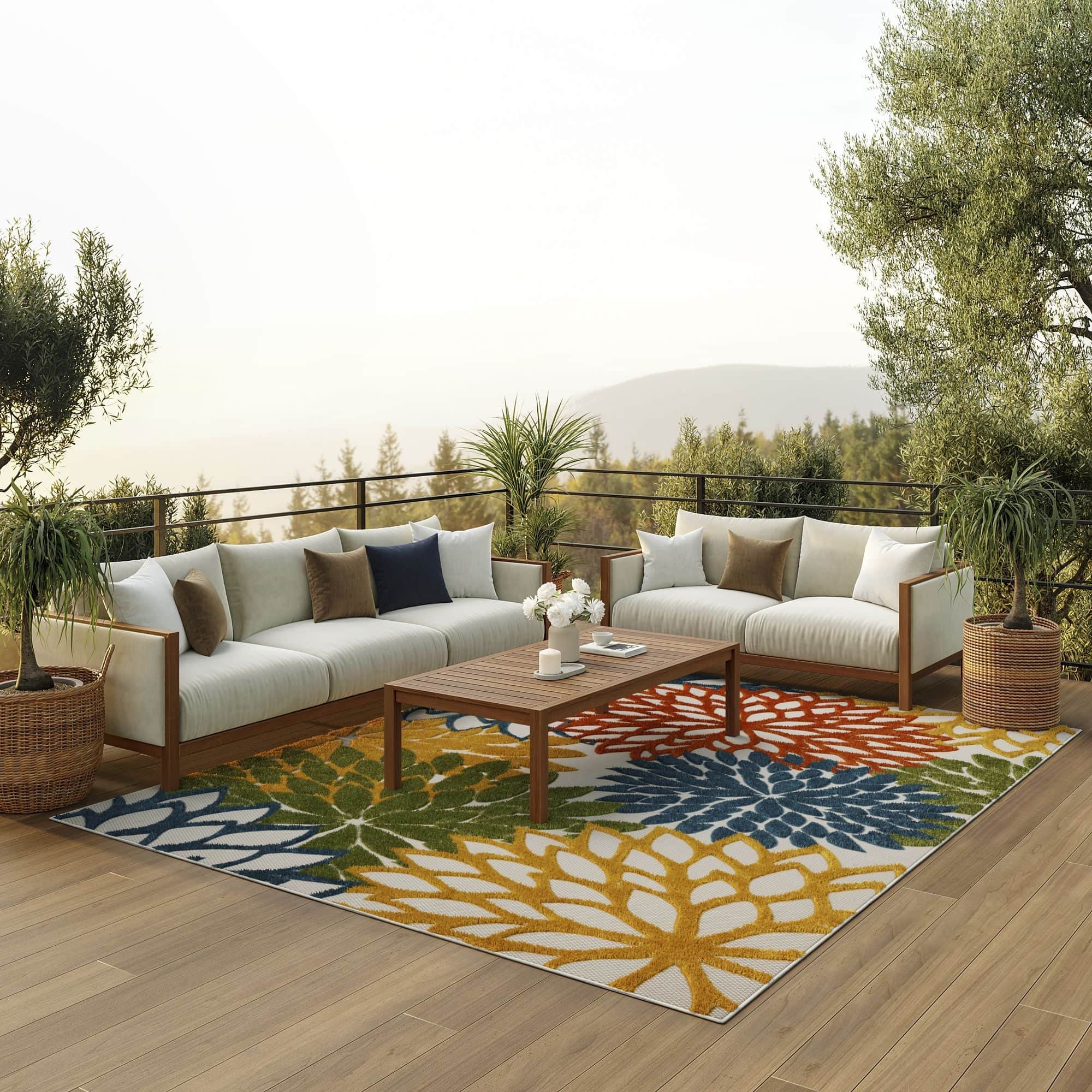 Turquoise Multicolor Tropical Indoor-Outdoor Black White Area Rug