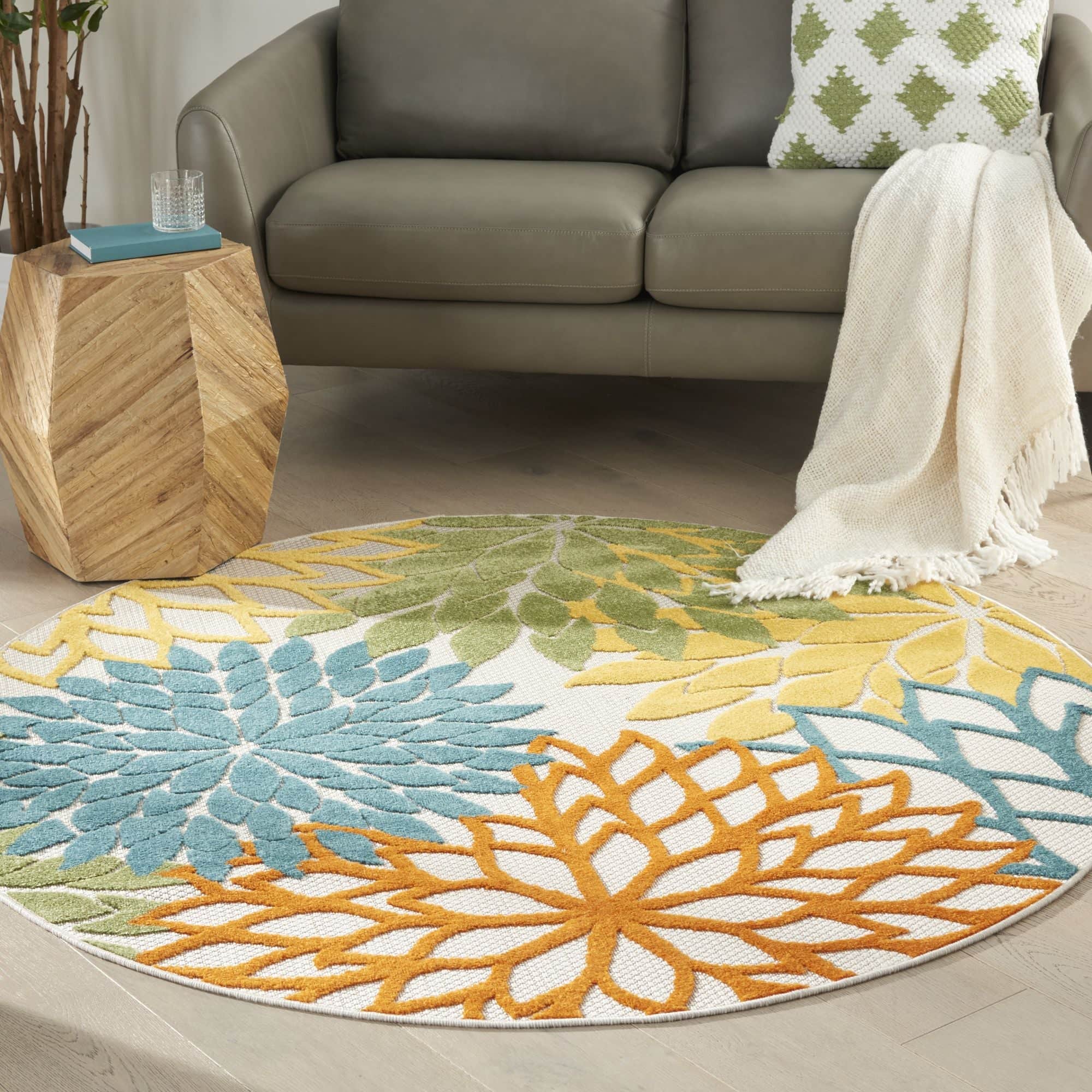 Turquoise Multicolor Tropical Indoor-Outdoor Black White Area Rug