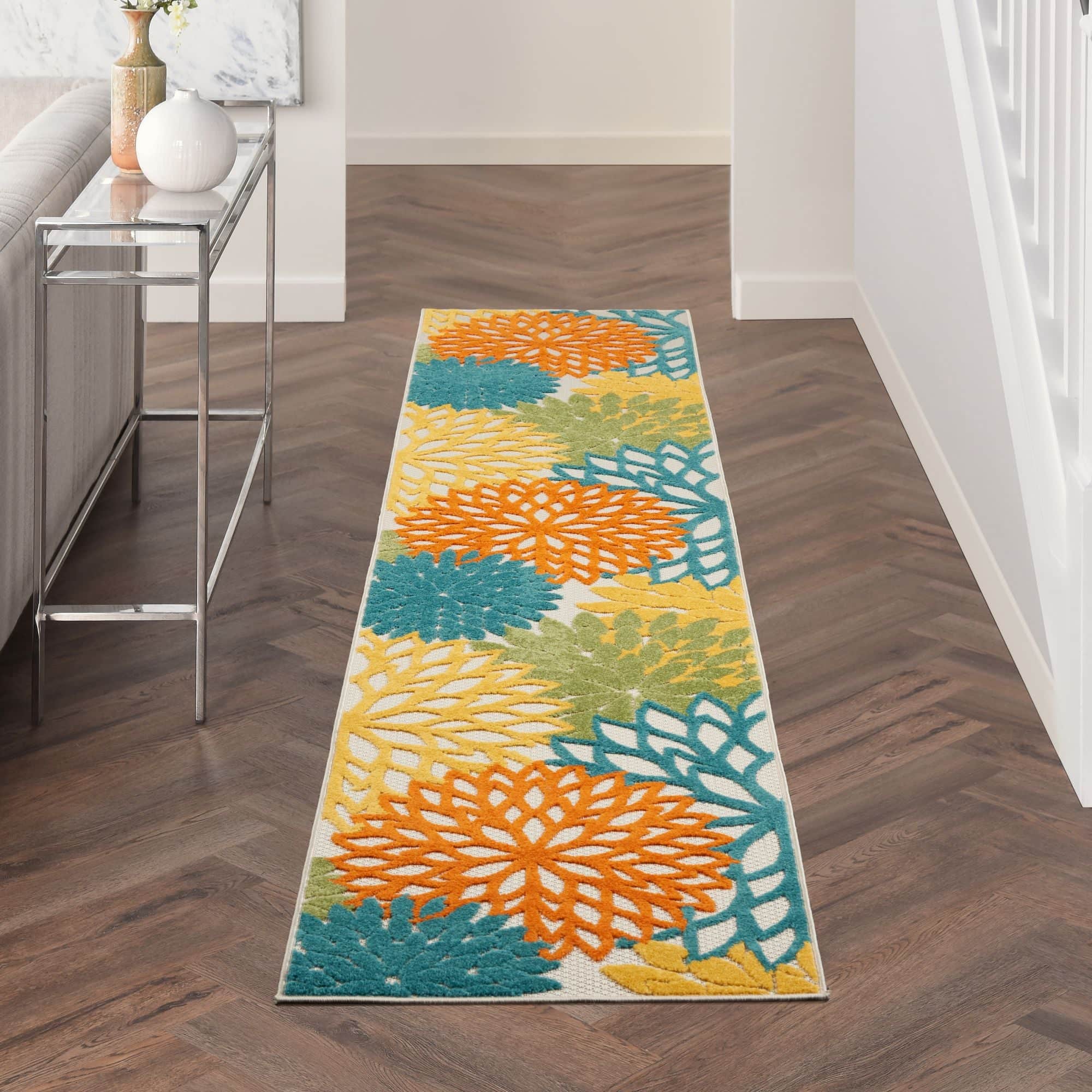 Turquoise Multicolor Tropical Indoor-Outdoor Black White Area Rug