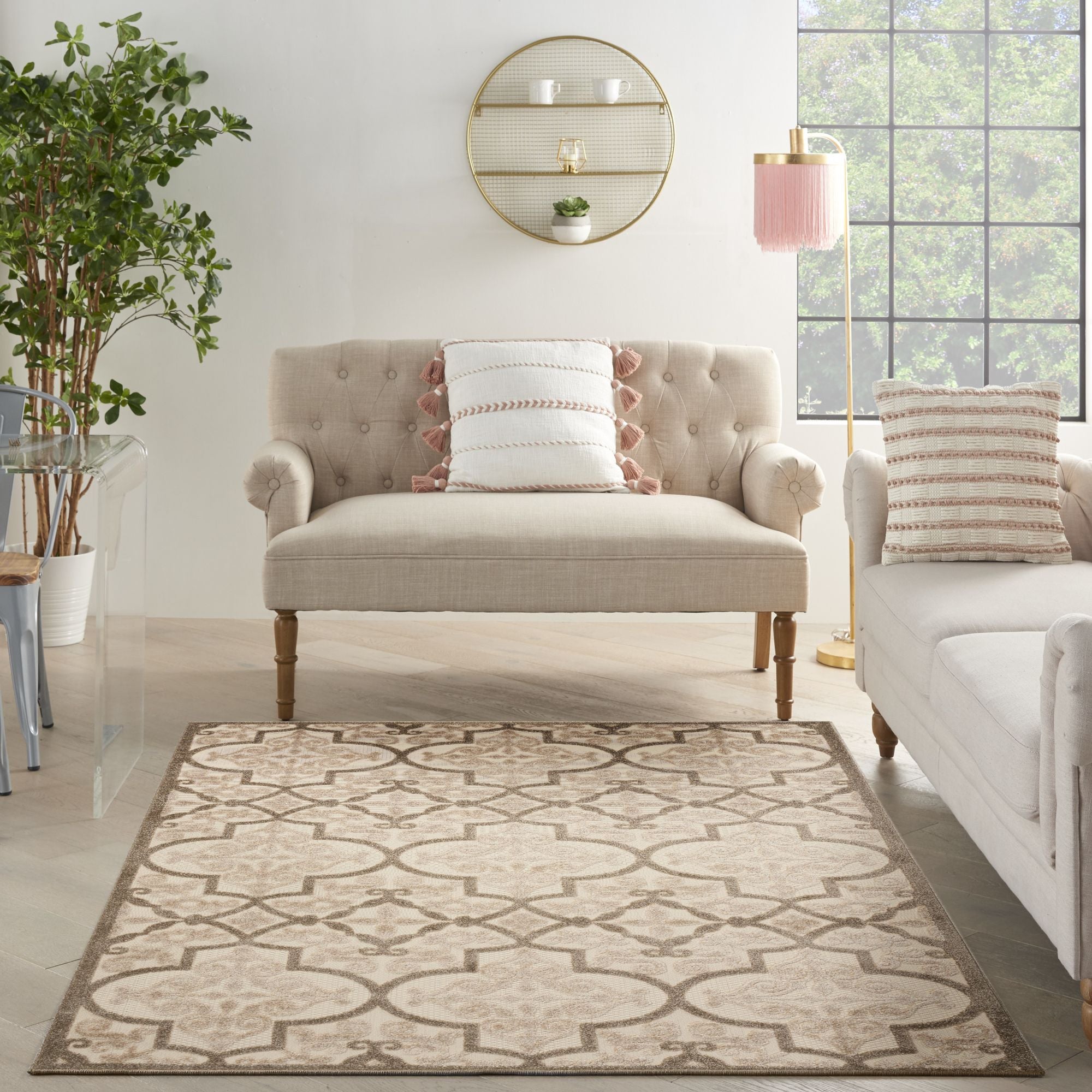 Cream Bohemian Trellis Indoor Outdoor Patio Rug