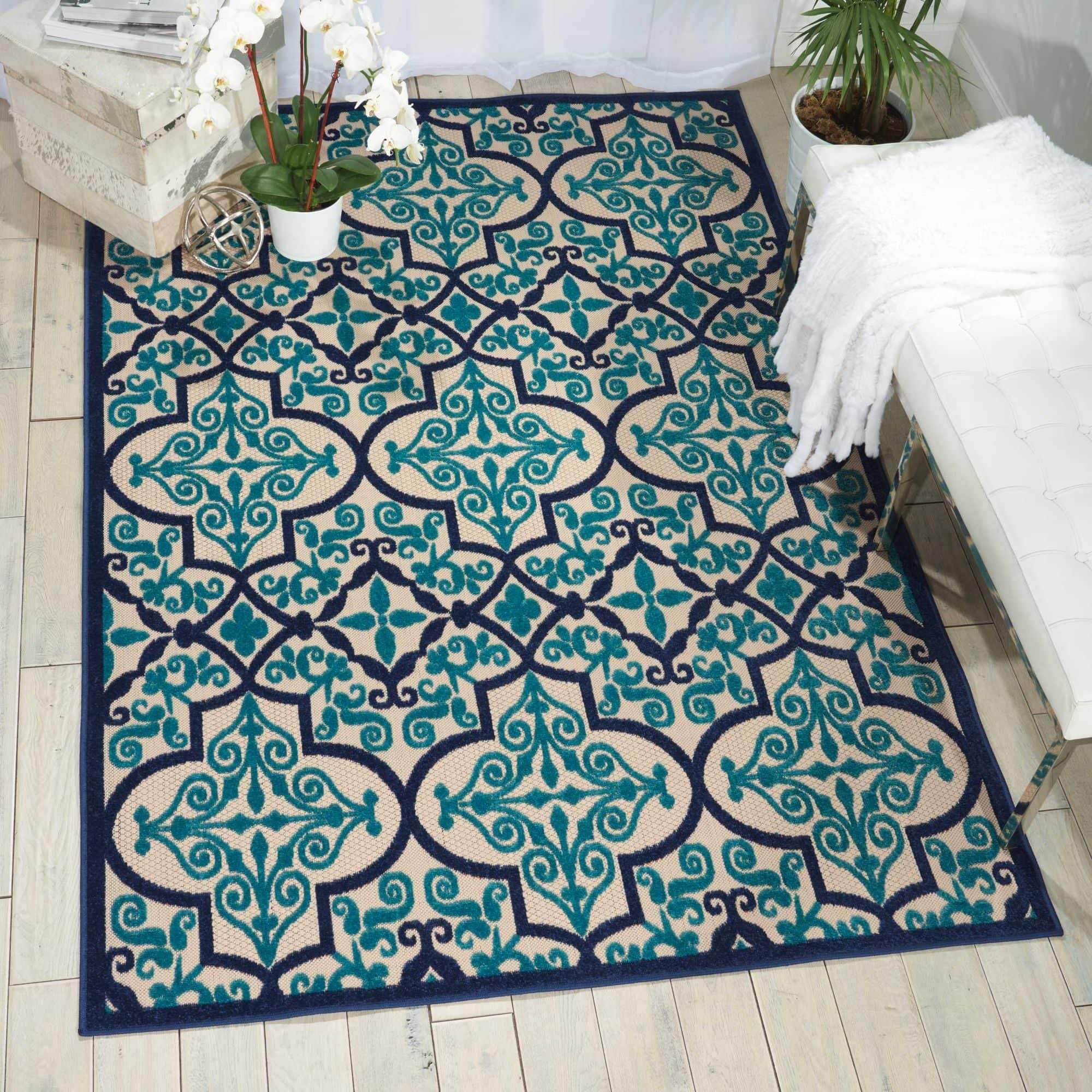 Navy Bohemian Trellis Indoor Outdoor Patio Rug