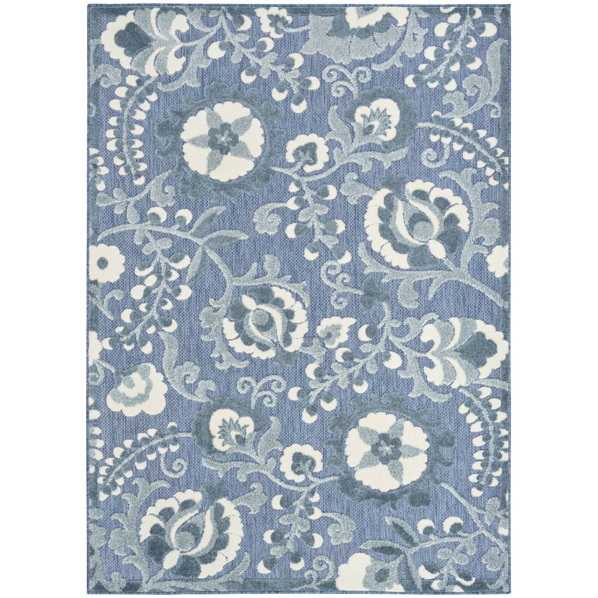 Blue Farmhouse Indoor-Outdoor Swirling Vines Rug